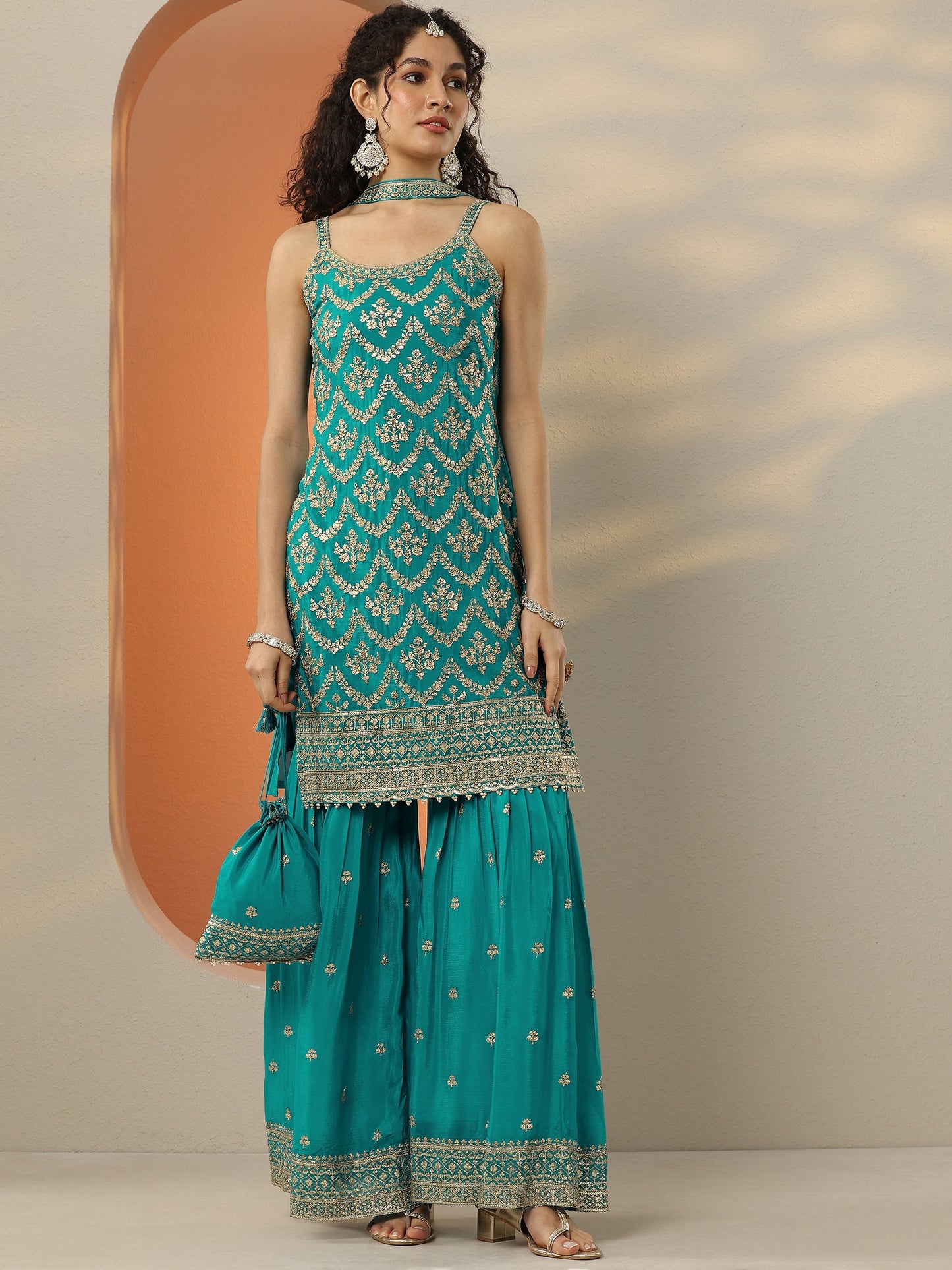 Libas Art Blue Embroidered Chinon Straight Suit Set With Dupatta