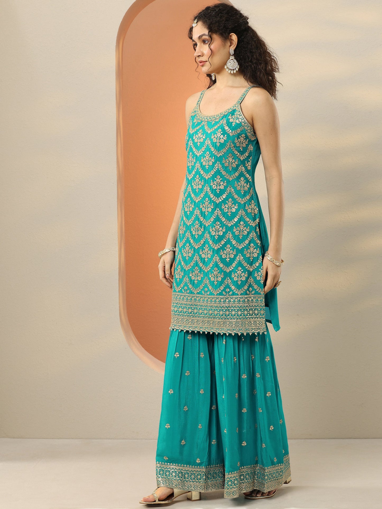 Libas Art Blue Embroidered Chinon Straight Suit Set With Dupatta