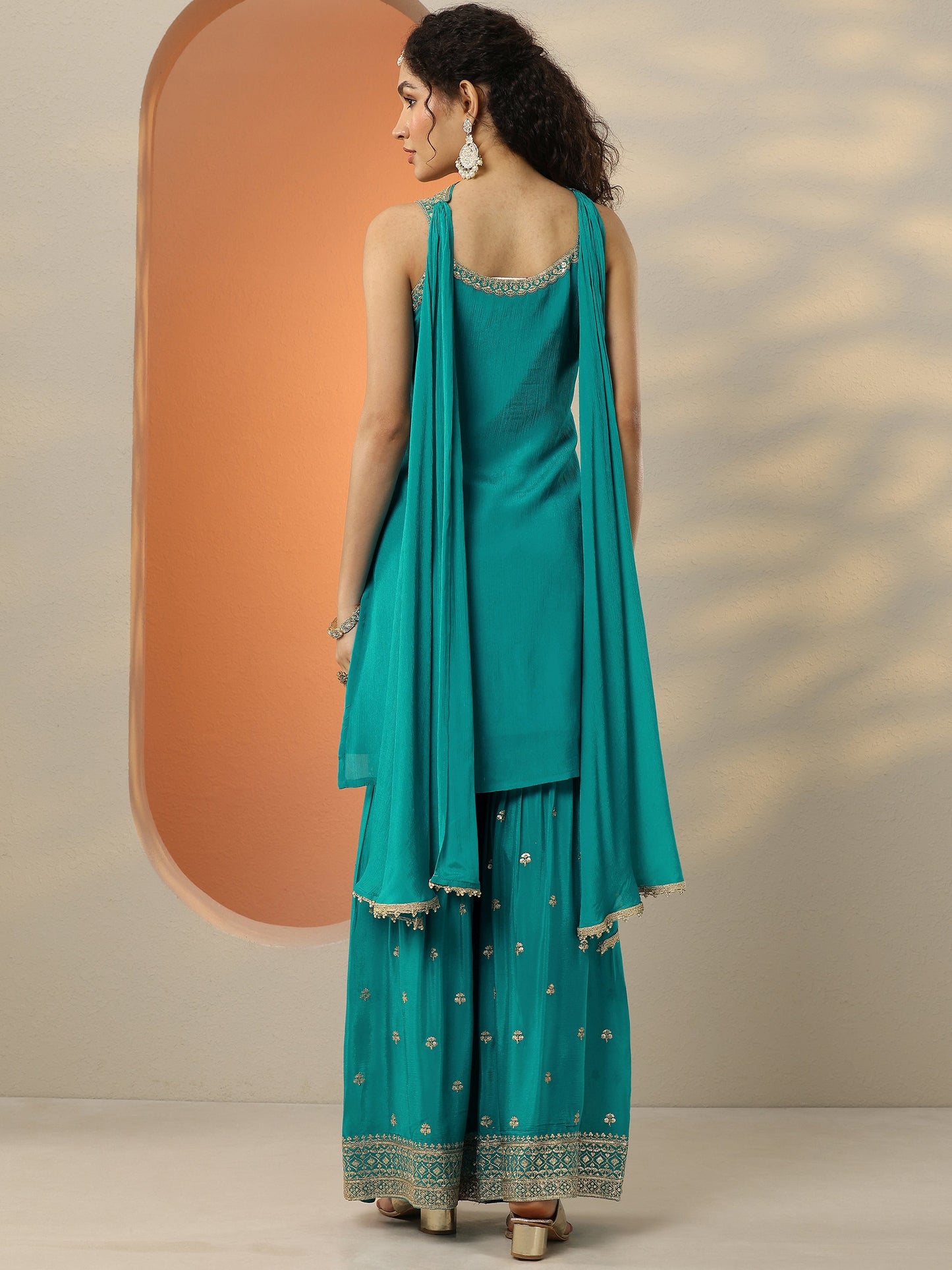 Libas Art Blue Embroidered Chinon Straight Suit Set With Dupatta