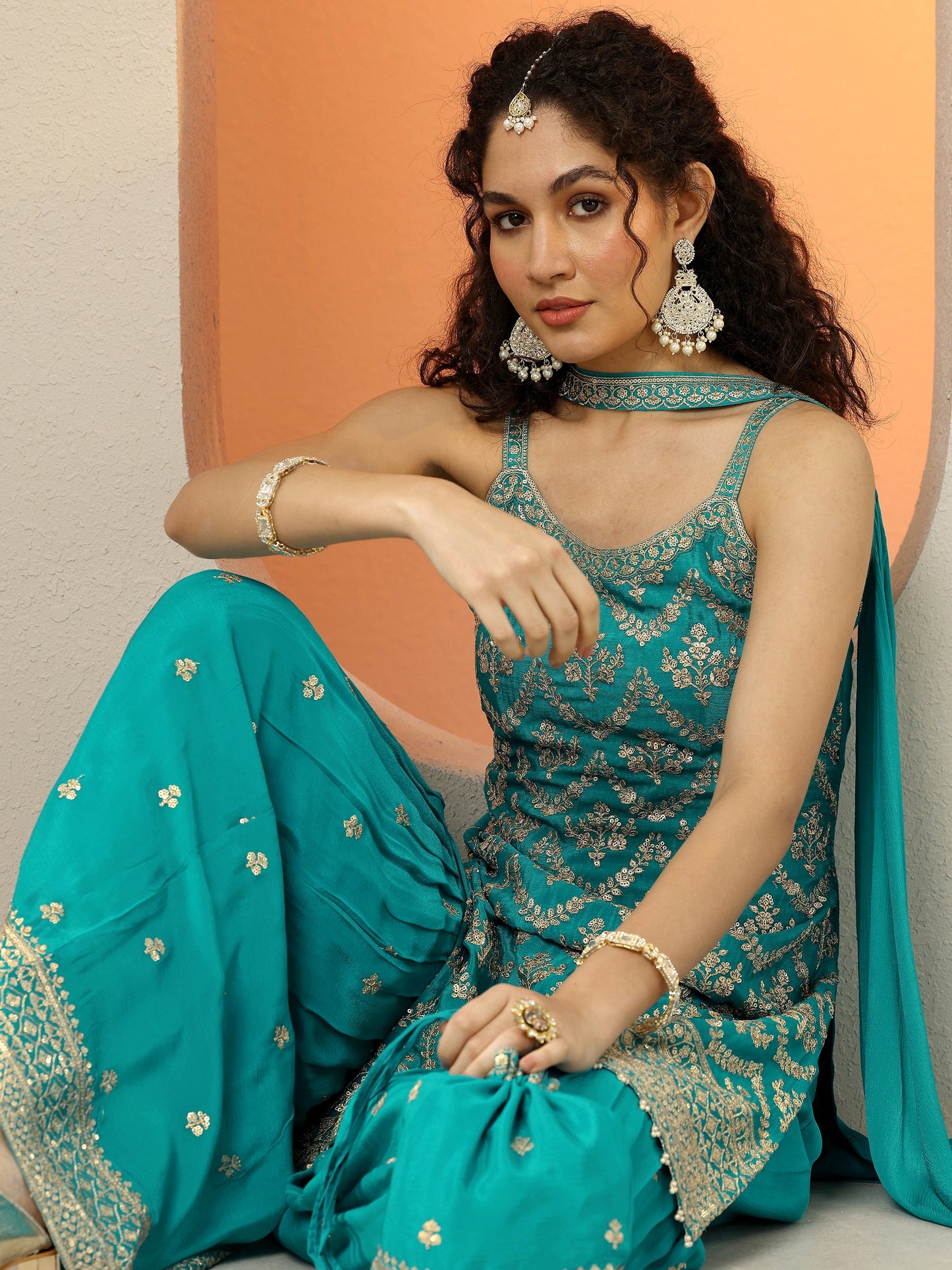 Libas Art Blue Embroidered Chinon Straight Suit Set With Dupatta