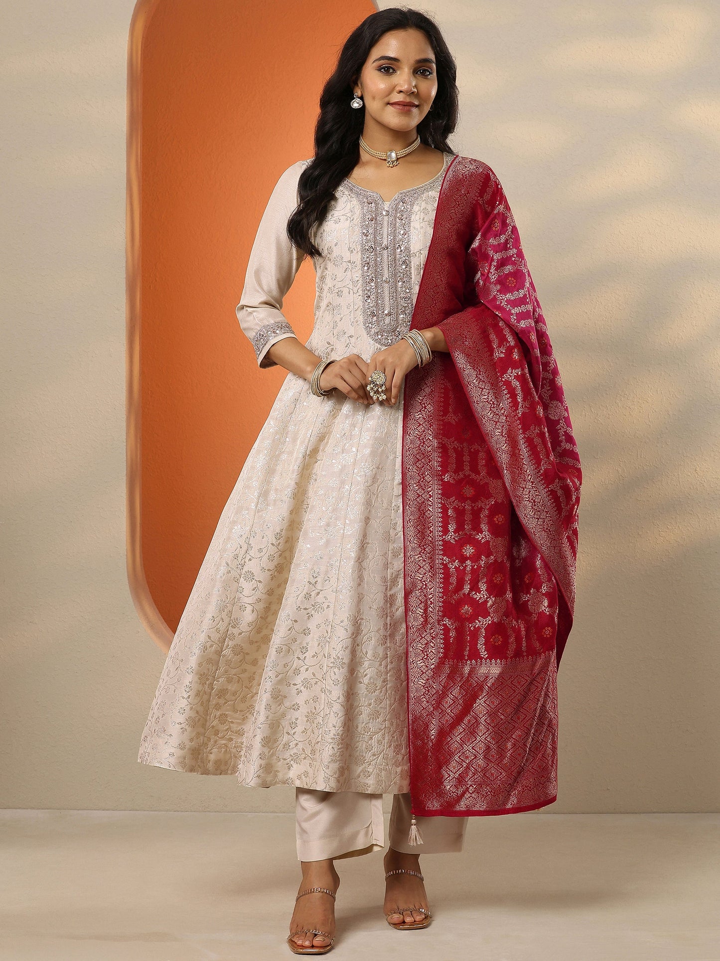 Libas Art Off White Woven Design Silk Blend Anarkali Suit Set With Dupatta