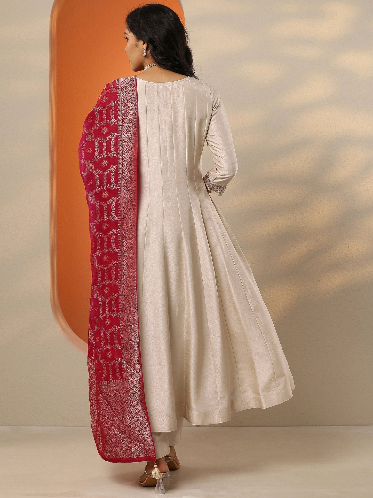 Libas Art Off White Woven Design Silk Blend Anarkali Suit Set With Dupatta