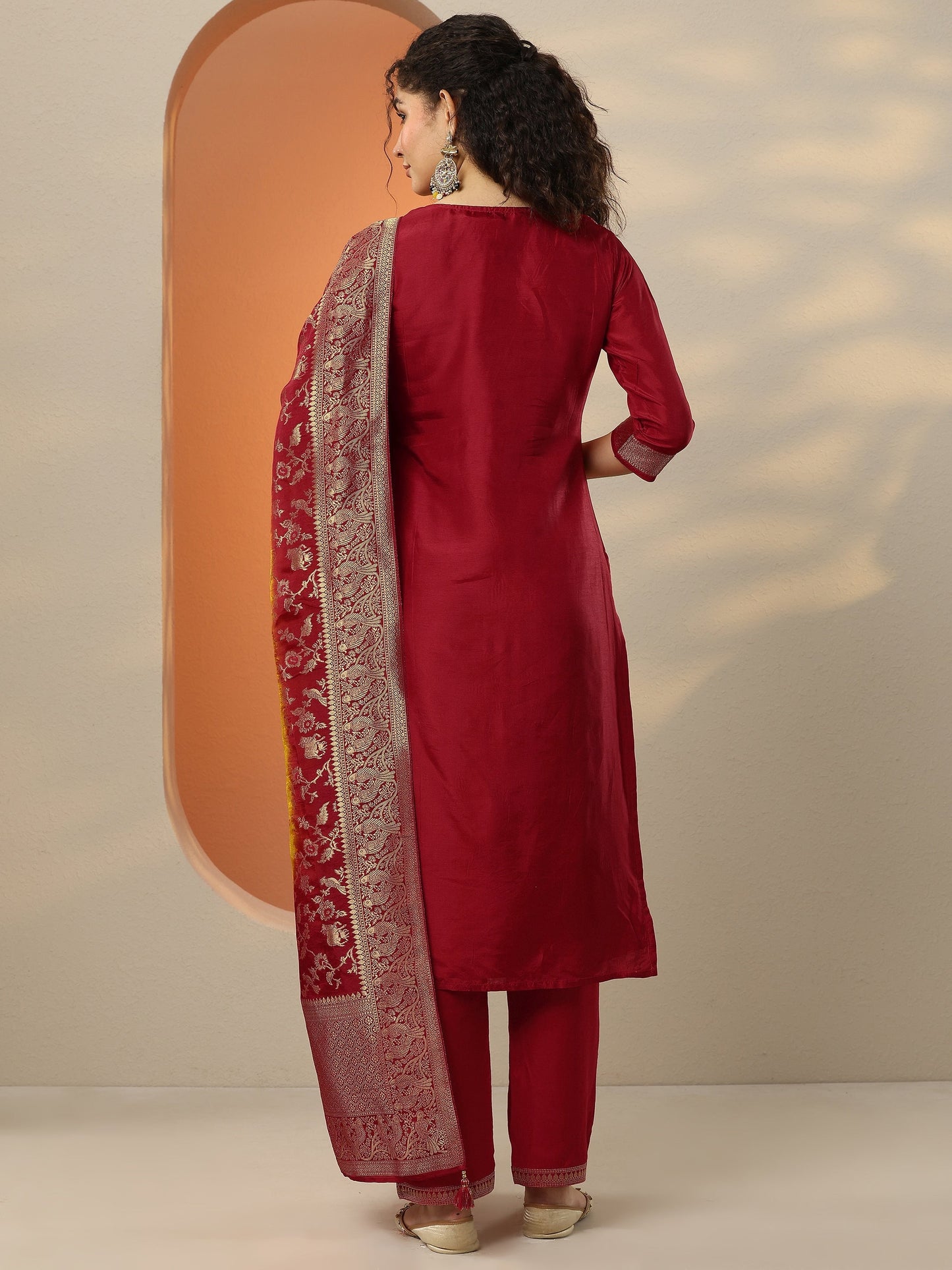 Libas Art Red Woven Design Silk Blend Straight Suit Set With Dupatta