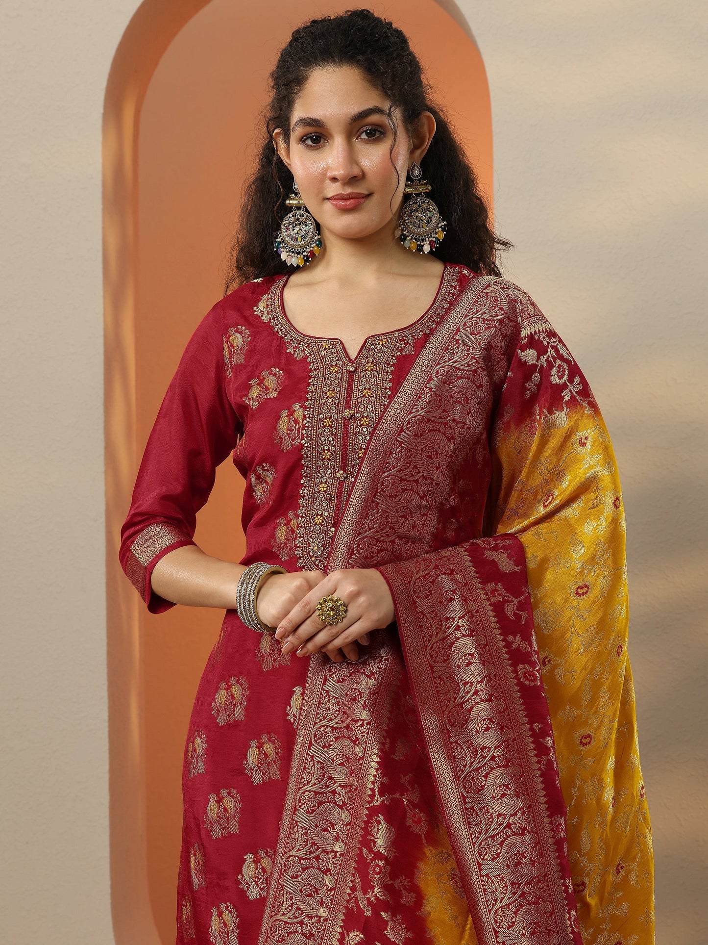 Libas Art Red Woven Design Silk Blend Straight Suit Set With Dupatta