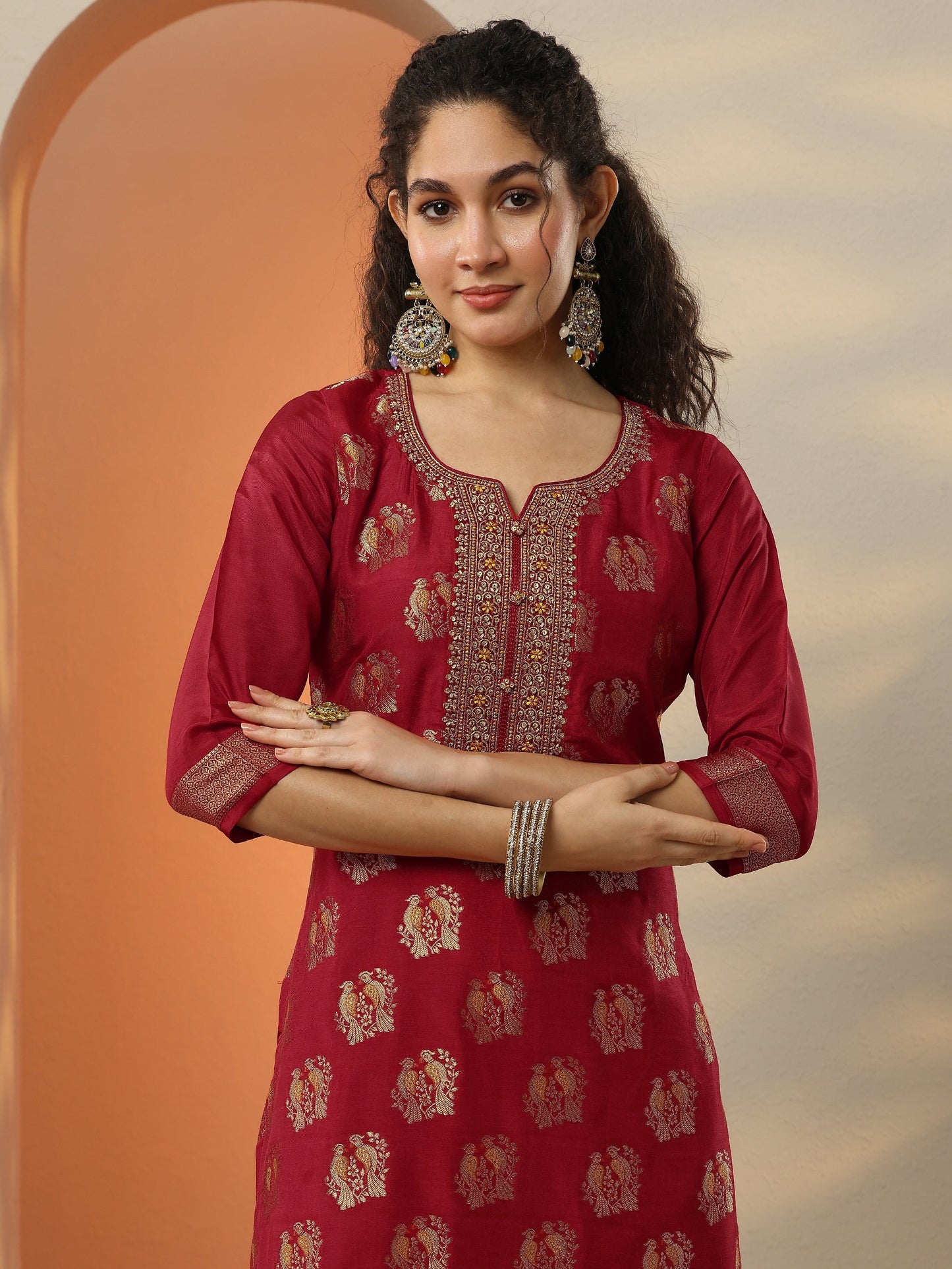 Libas Art Red Woven Design Silk Blend Straight Suit Set With Dupatta