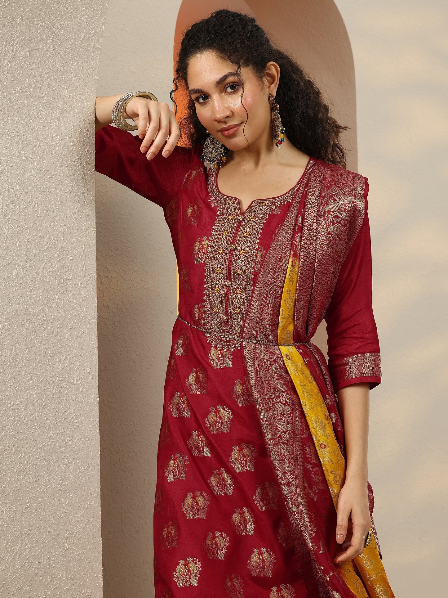 Libas Art Red Woven Design Silk Blend Straight Suit Set With Dupatta