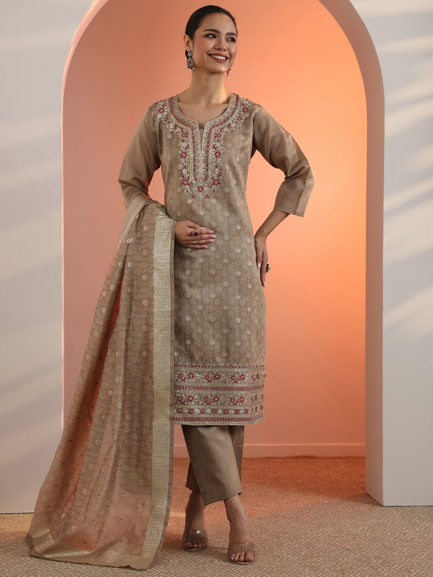 Tan Embroidered Silk Blend Straight Suit Set With Dupatta