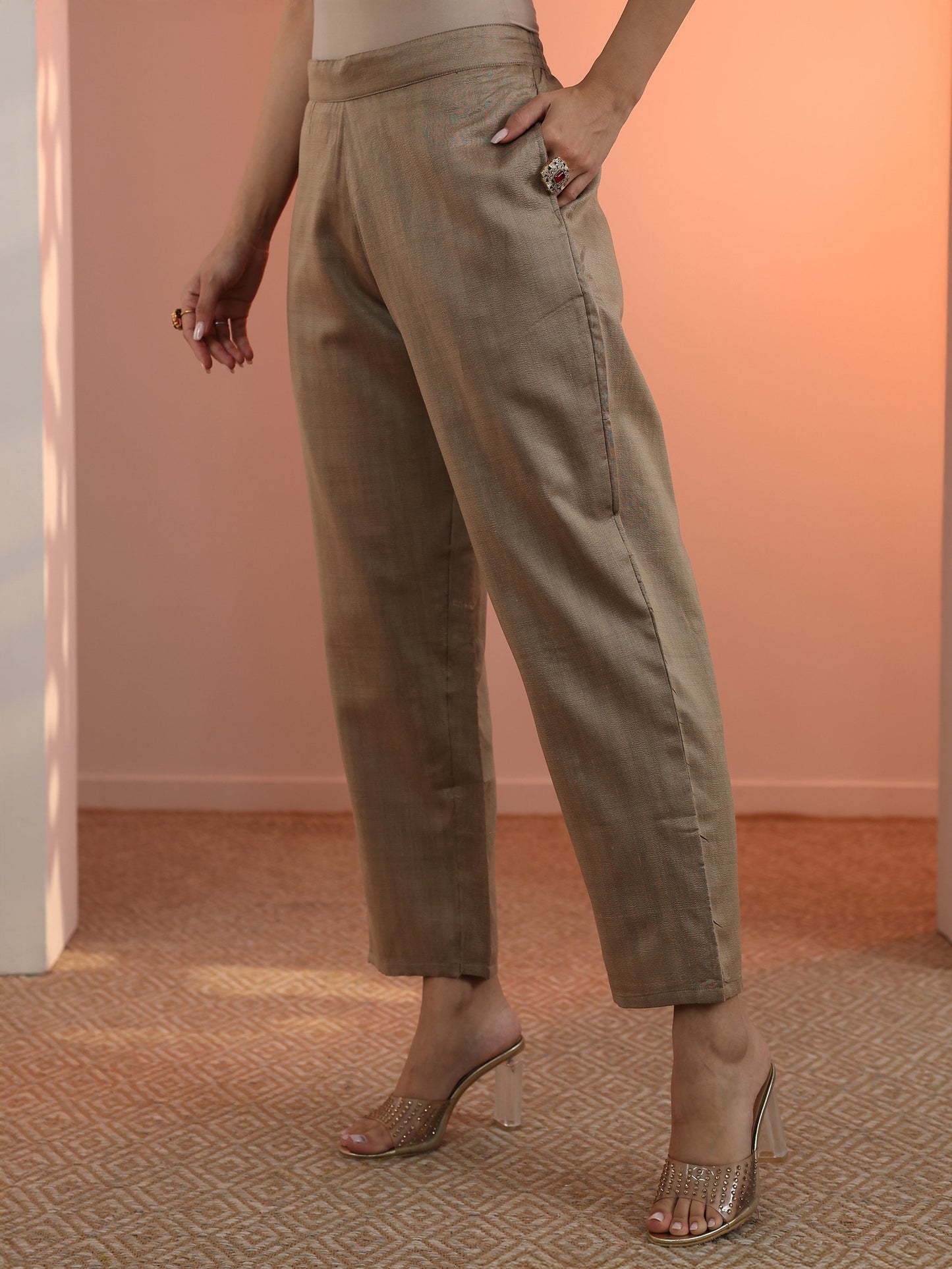 Tan Embroidered Silk Blend Straight Suit Set With Dupatta