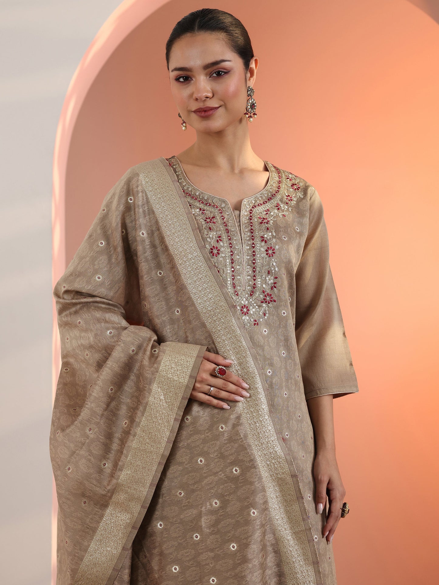 Tan Embroidered Silk Blend Straight Suit Set With Dupatta
