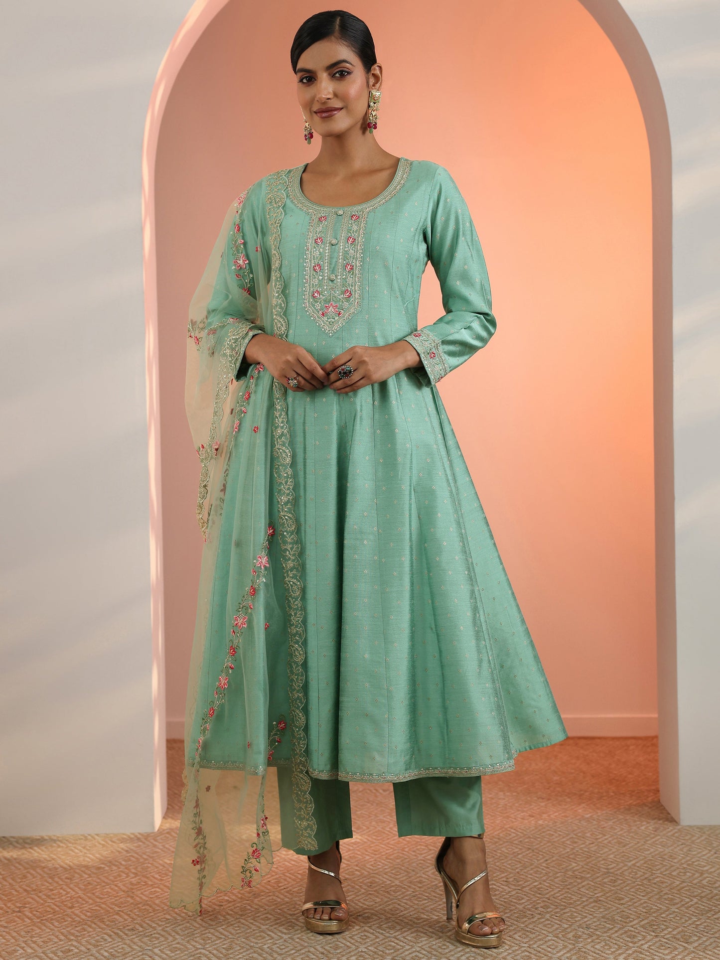 Sea Green Embroidered Silk Blend A-Line Suit Set With Dupatta