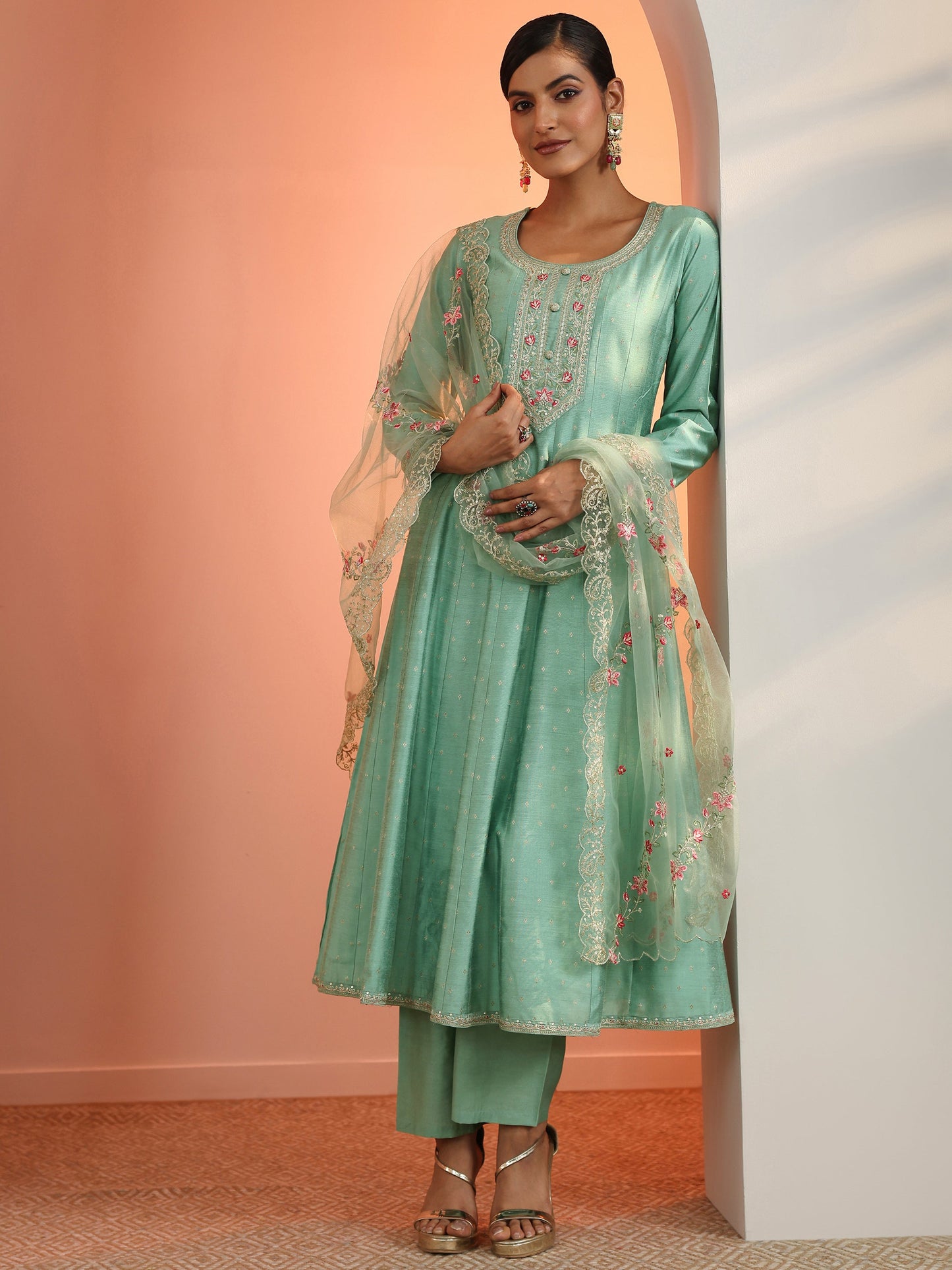 Sea Green Embroidered Silk Blend A-Line Suit Set With Dupatta