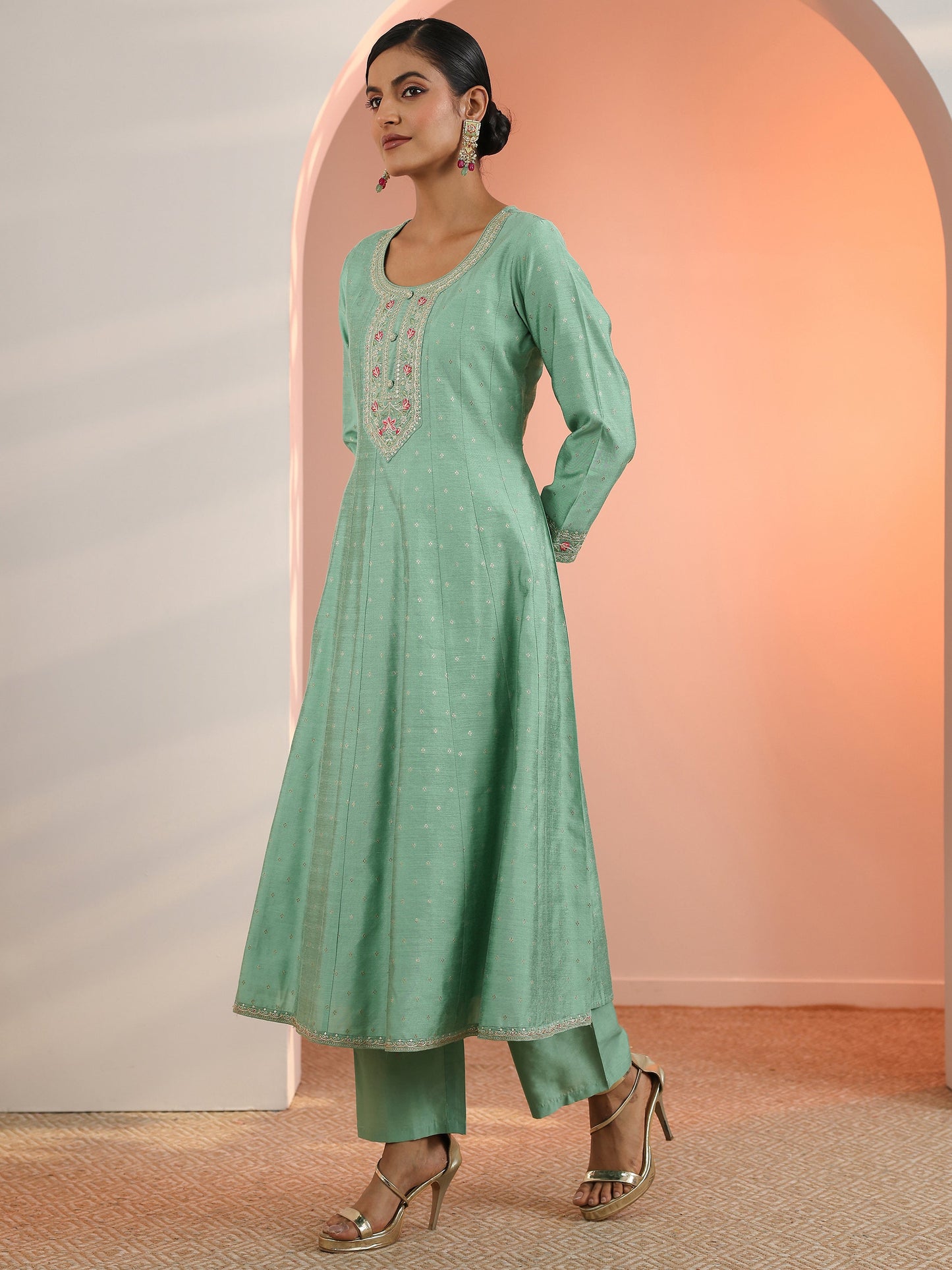 Sea Green Embroidered Silk Blend A-Line Suit Set With Dupatta