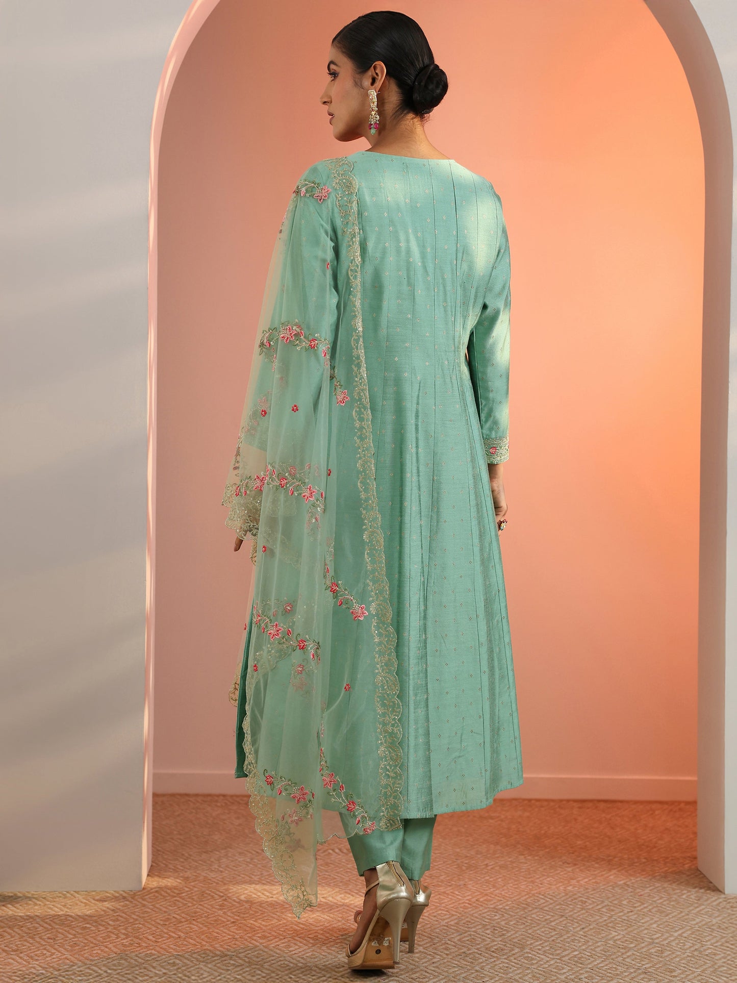 Sea Green Embroidered Silk Blend A-Line Suit Set With Dupatta