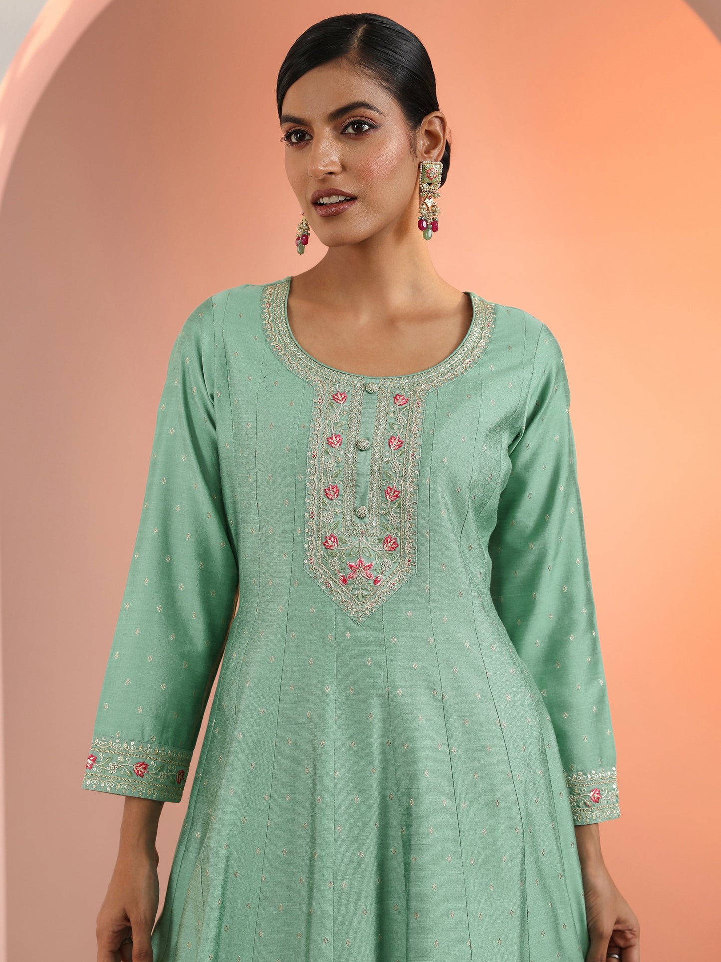 Sea Green Embroidered Silk Blend A-Line Suit Set With Dupatta