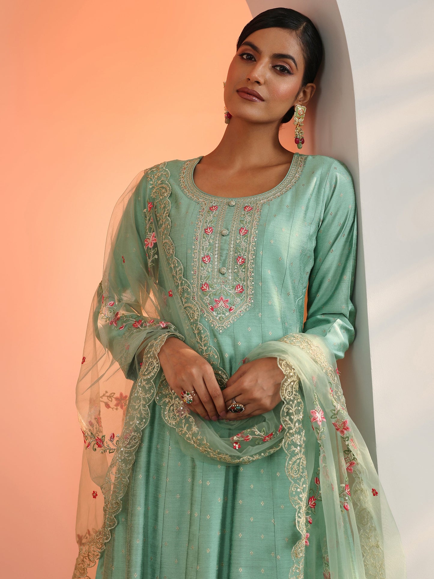 Sea Green Embroidered Silk Blend A-Line Suit Set With Dupatta
