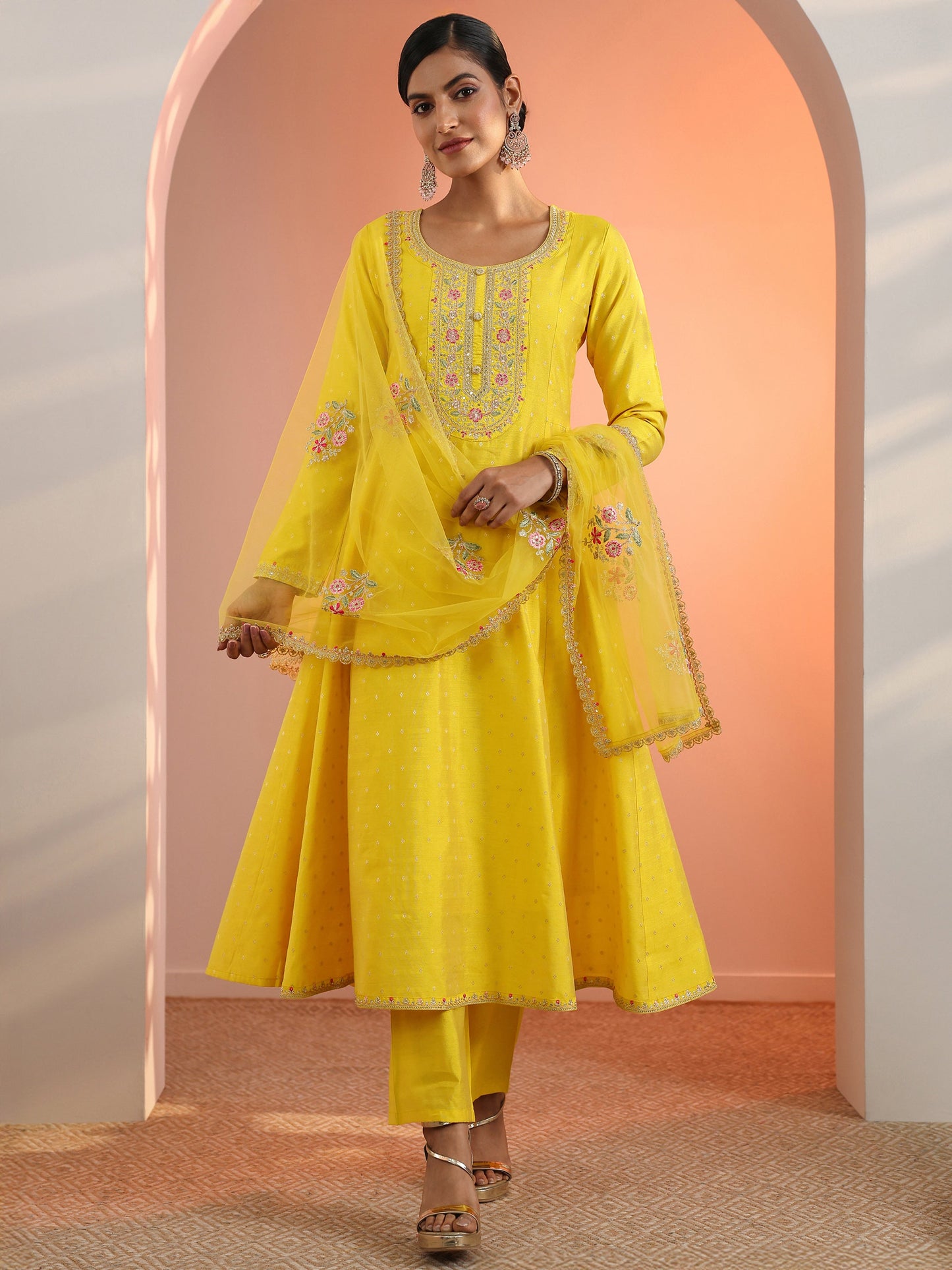 Yellow Embroidered Silk Blend A-Line Suit Set With Dupatta