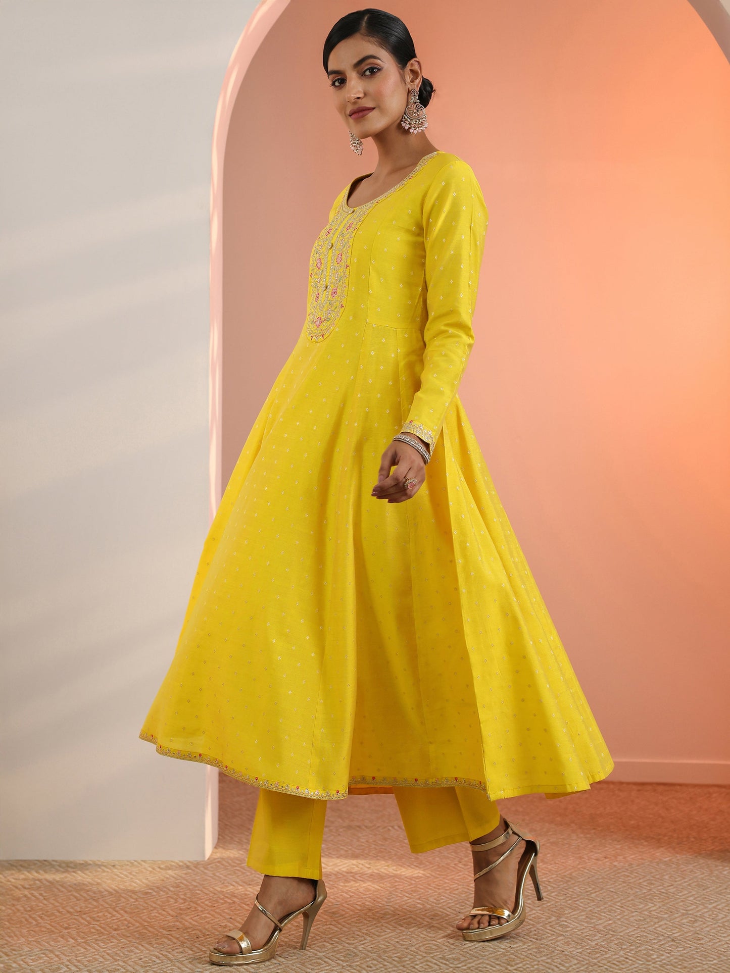 Yellow Embroidered Silk Blend A-Line Suit Set With Dupatta