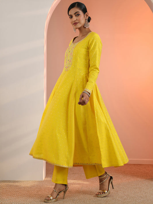 Yellow Embroidered Silk Blend A-Line Suit Set With Dupatta
