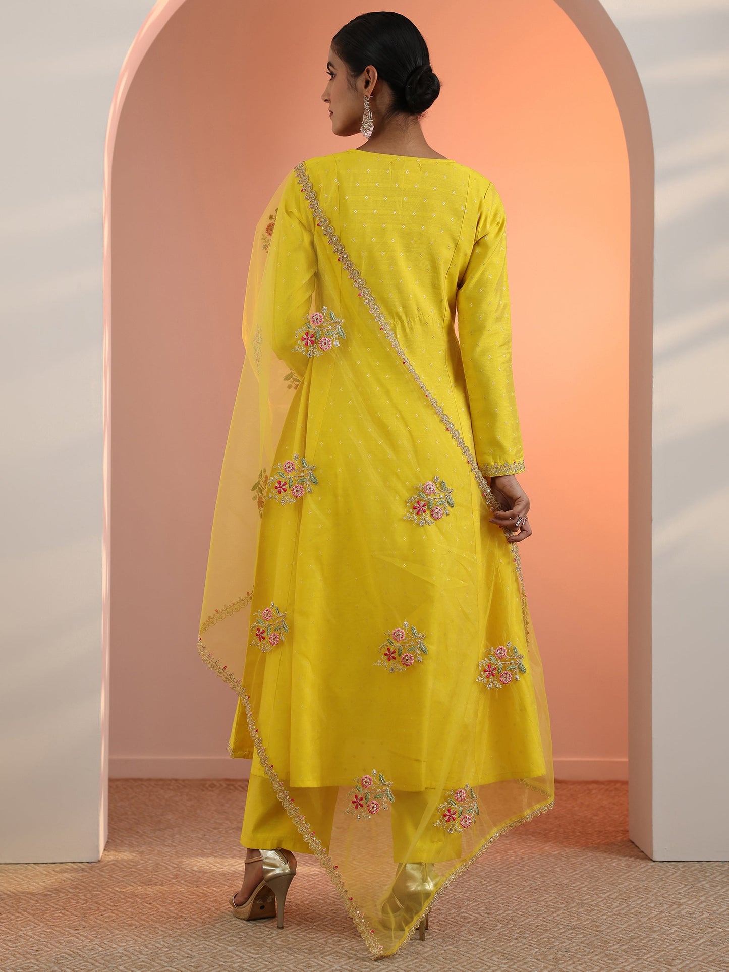 Yellow Embroidered Silk Blend A-Line Suit Set With Dupatta