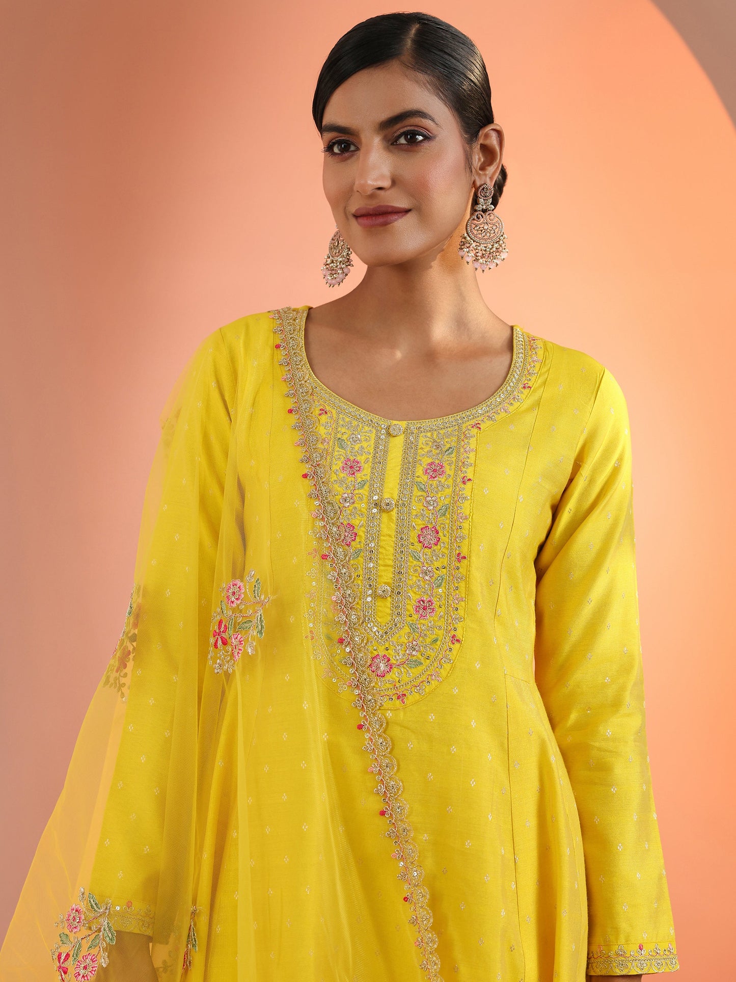 Yellow Embroidered Silk Blend A-Line Suit Set With Dupatta