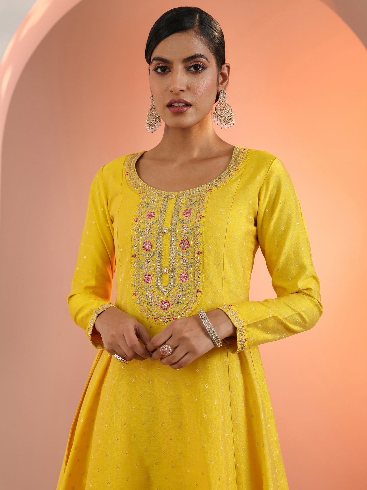 Yellow Embroidered Silk Blend A-Line Suit Set With Dupatta