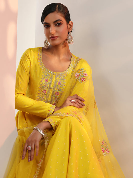 Yellow Embroidered Silk Blend A-Line Suit Set With Dupatta