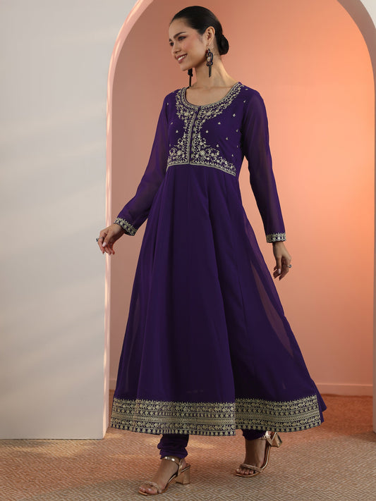 Purple Embellished Georgette Anarkali Suit Set With Dupatta
