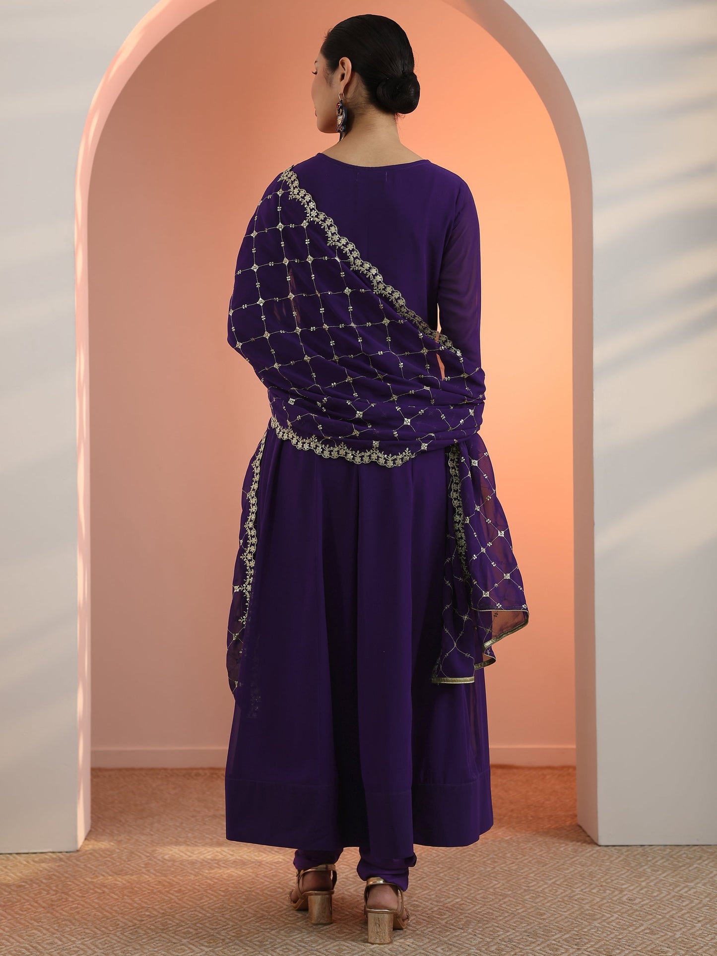 Purple Embellished Georgette Anarkali Suit Set With Dupatta