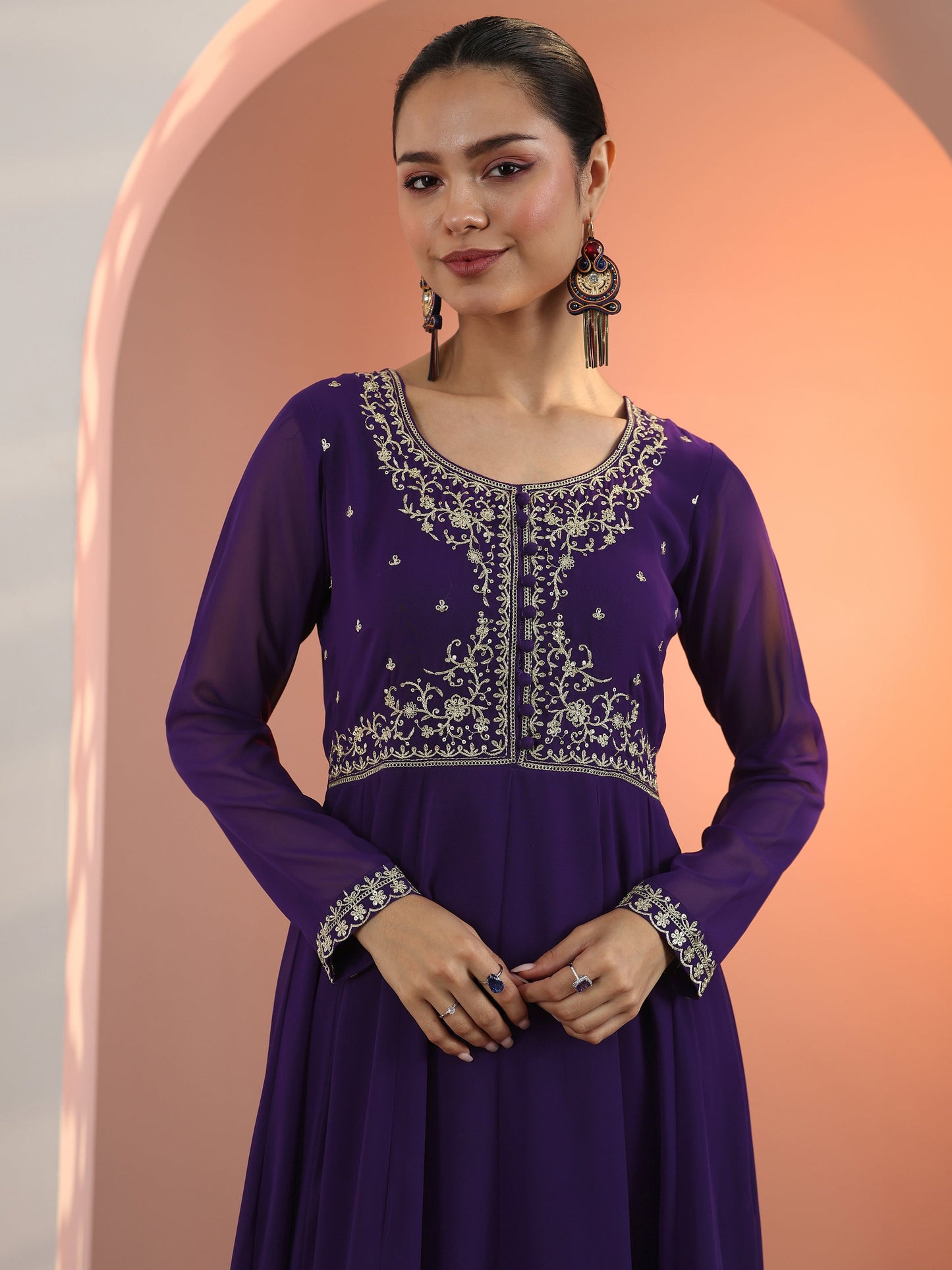 Purple Embellished Georgette Anarkali Suit Set With Dupatta