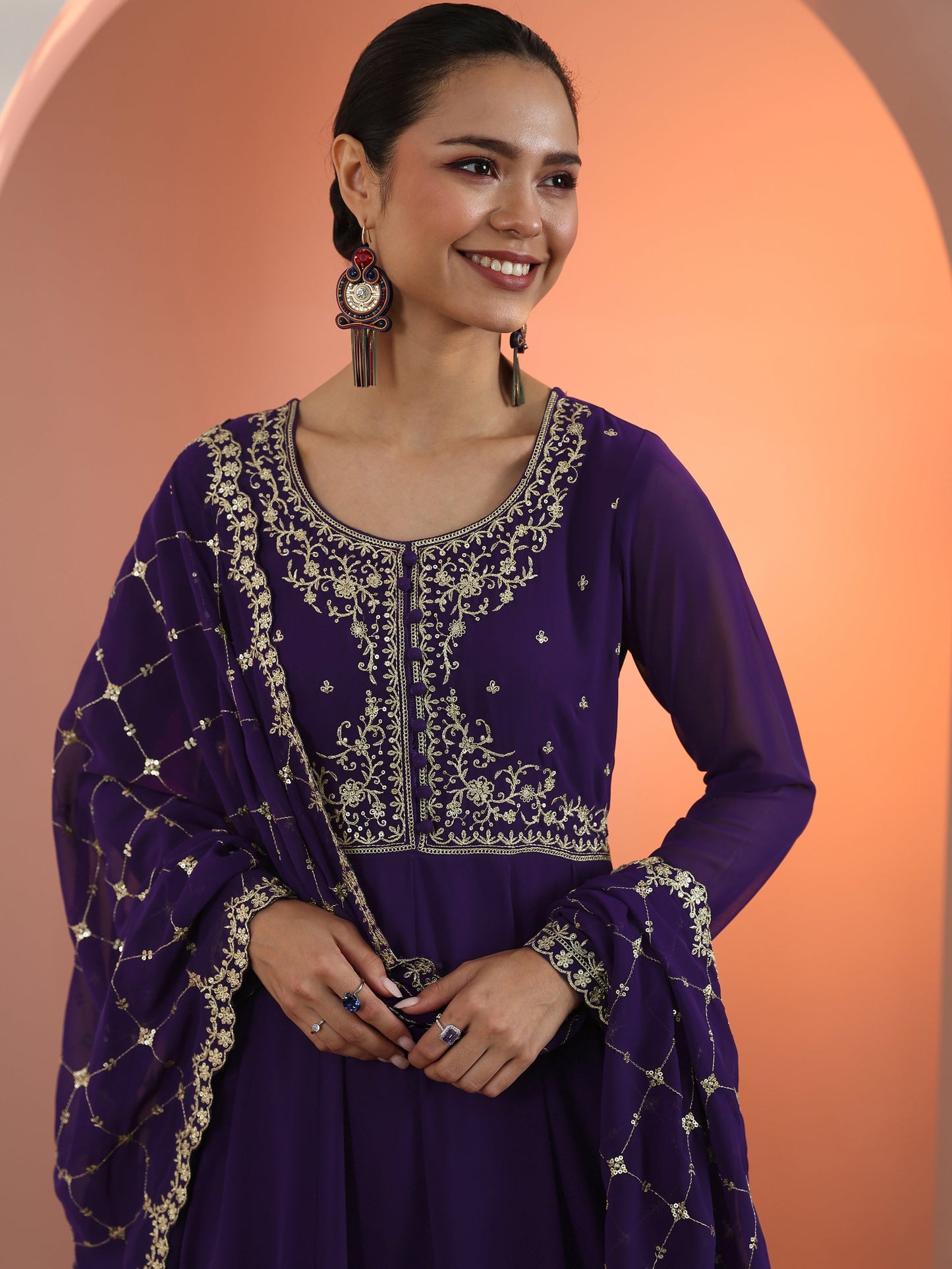 Purple Embellished Georgette Anarkali Suit Set With Dupatta