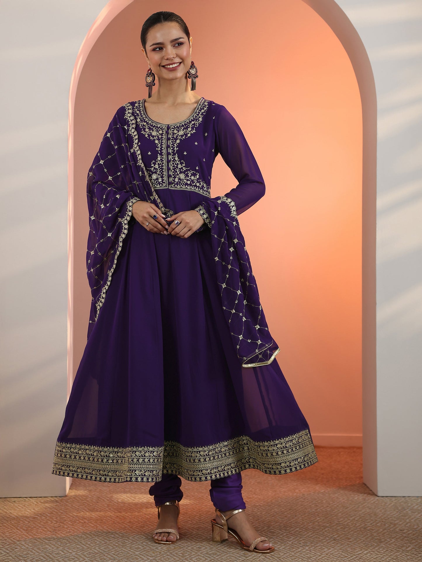Purple Embellished Georgette Anarkali Suit Set With Dupatta
