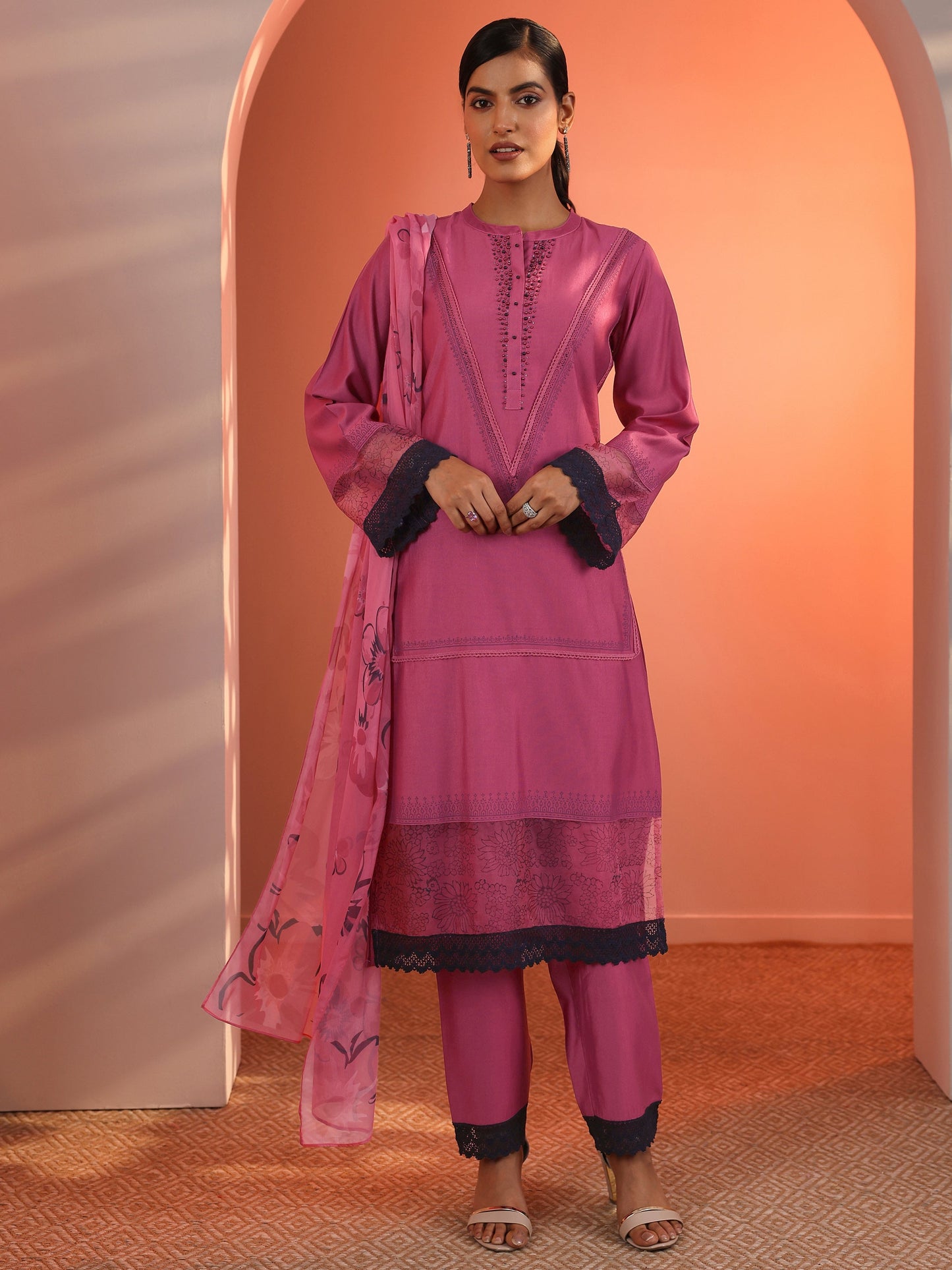 Pink Embellished Silk Blend Straight Suit Set With Dupatta