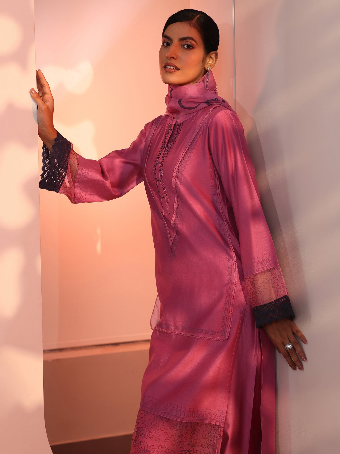 Pink Embellished Silk Blend Straight Suit Set With Dupatta