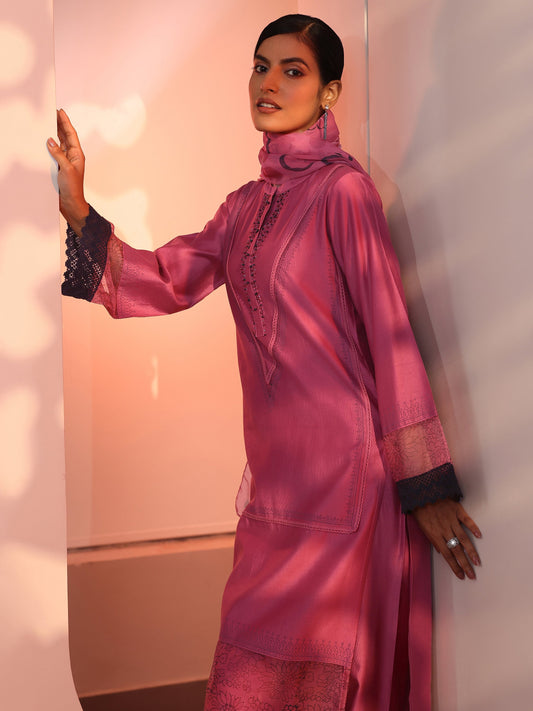 Pink Embellished Silk Blend Straight Suit Set With Dupatta