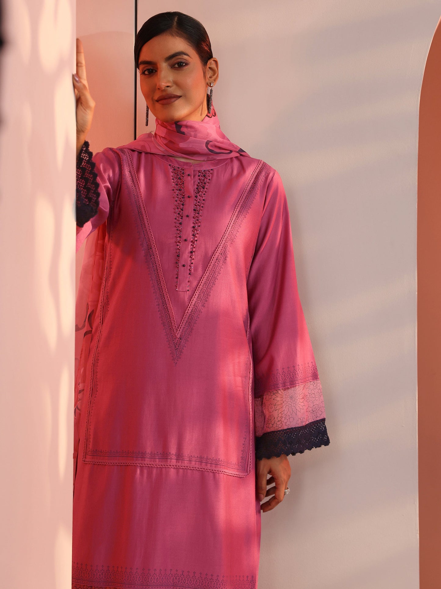 Pink Embellished Silk Blend Straight Suit Set With Dupatta