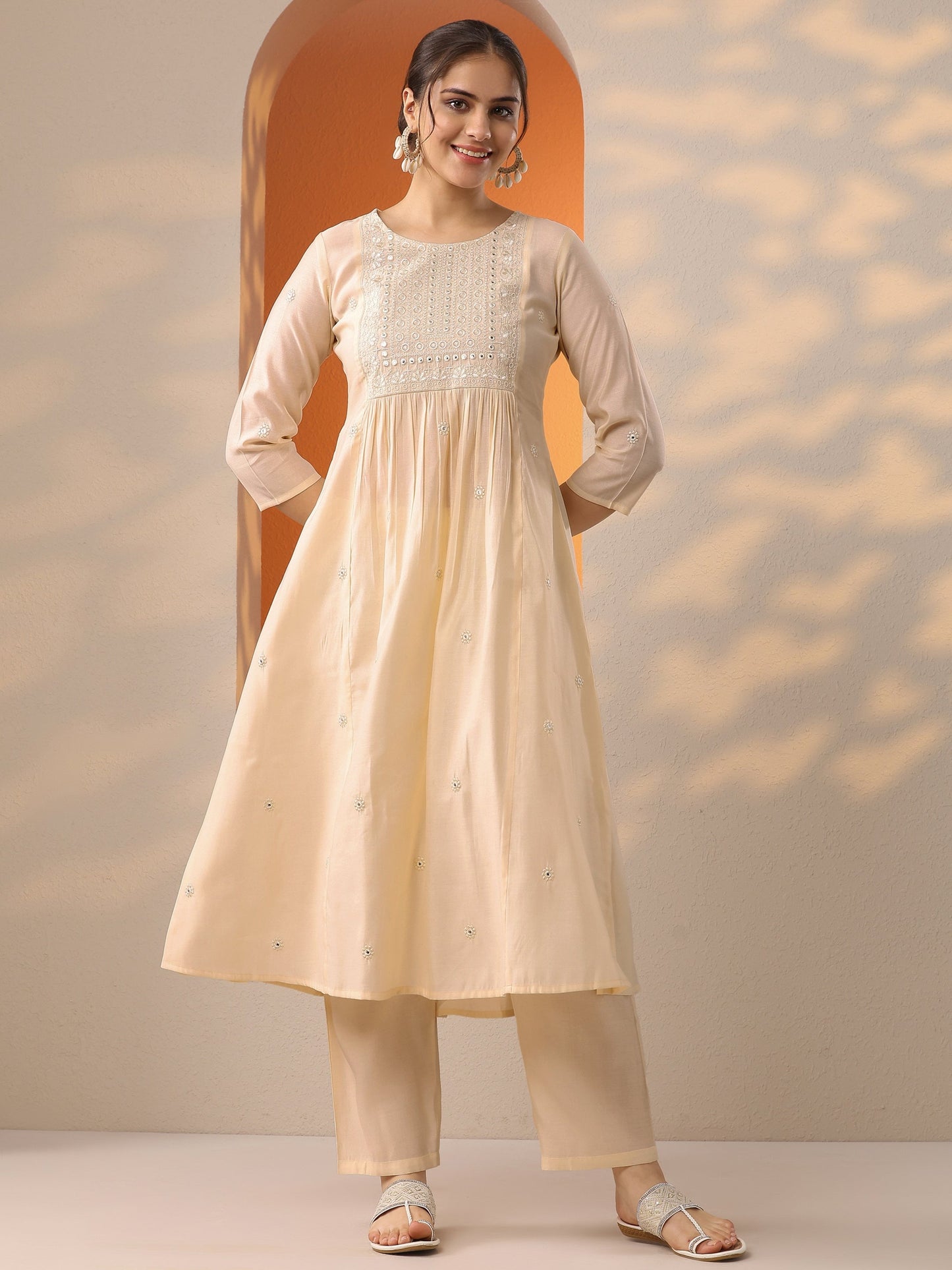 Off White Embroidered Silk Blend A-Line Kurta Set