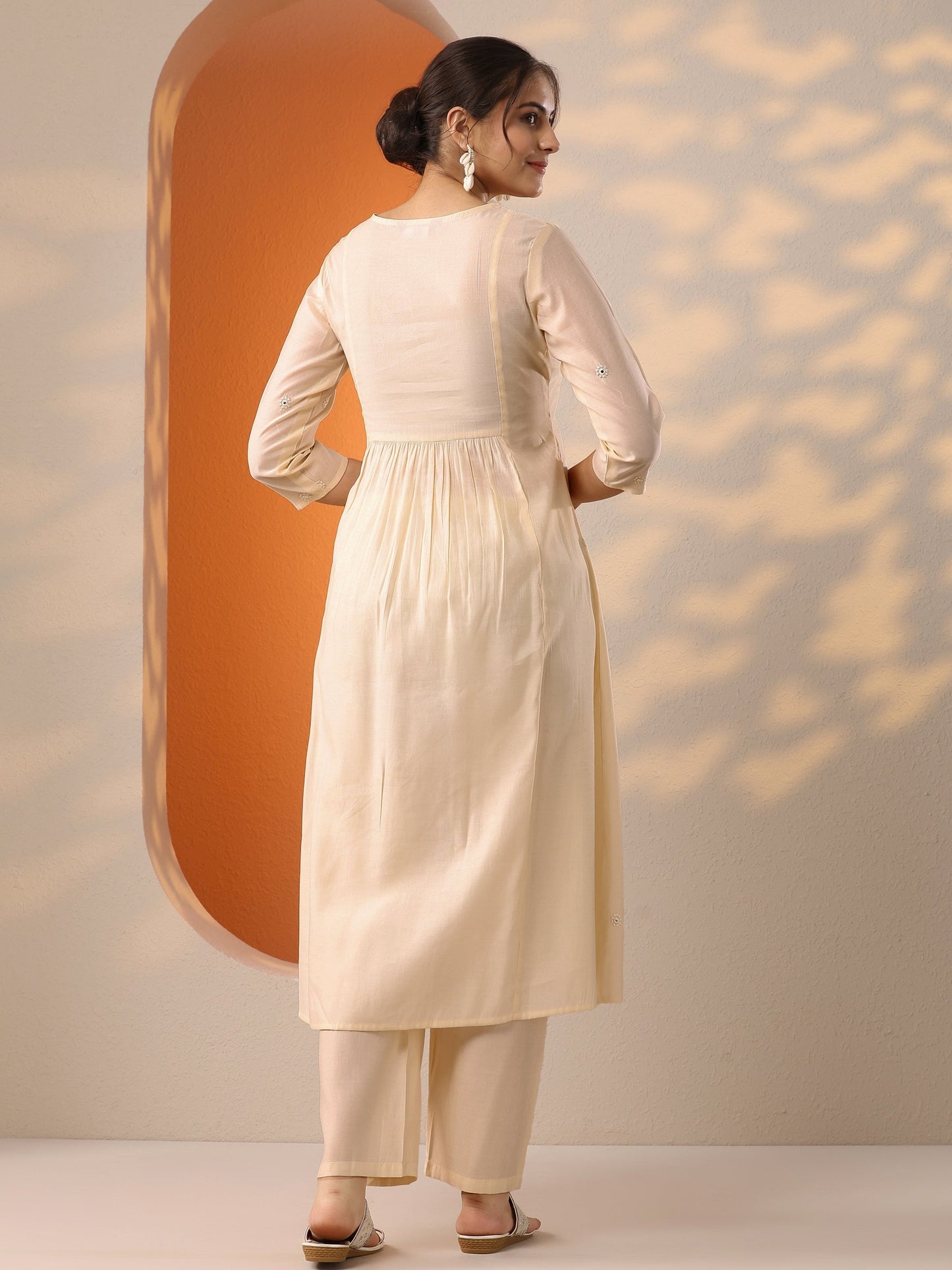 Off White Embroidered Silk Blend A-Line Kurta Set