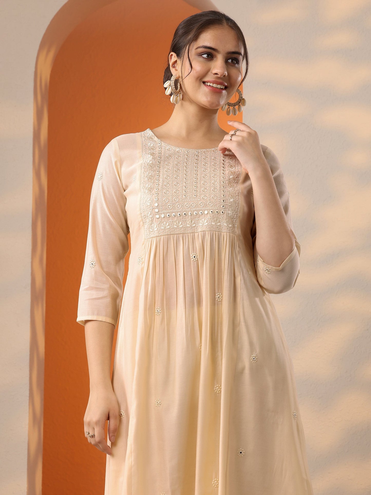 Off White Embroidered Silk Blend A-Line Kurta Set