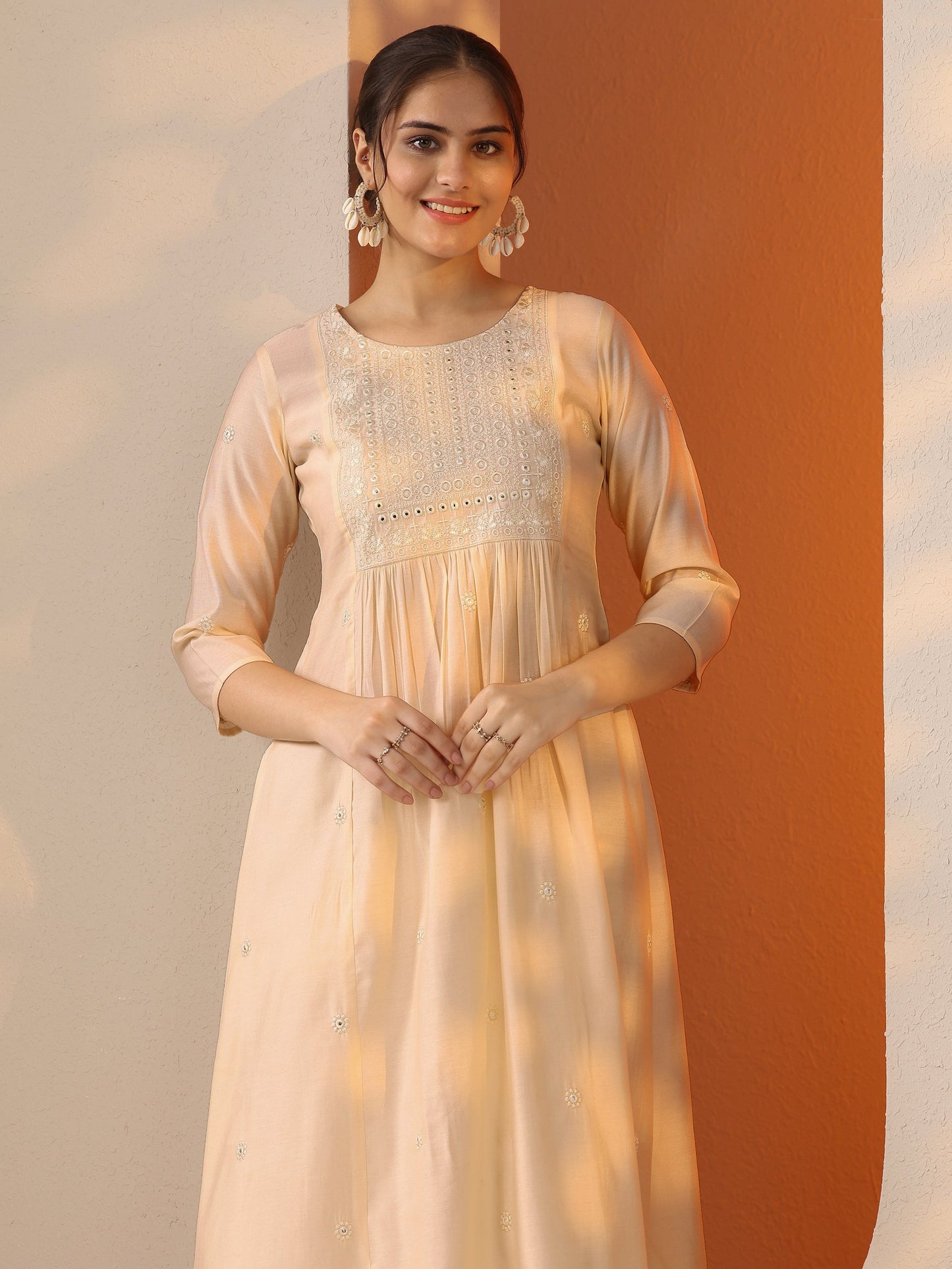 Off White Embroidered Silk Blend A-Line Kurta Set