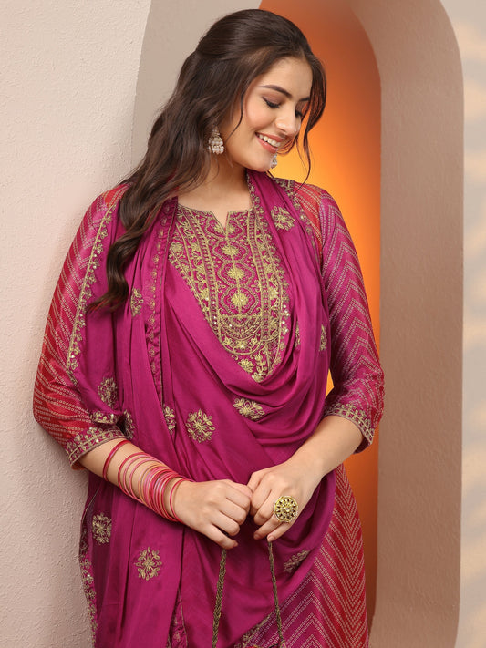 Pink Printed Chinon Straight Suit Set With Dupatta