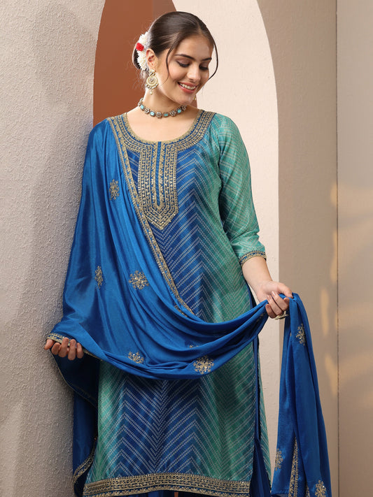 Blue Printed Chinon Straight Suit Set With Dupatta