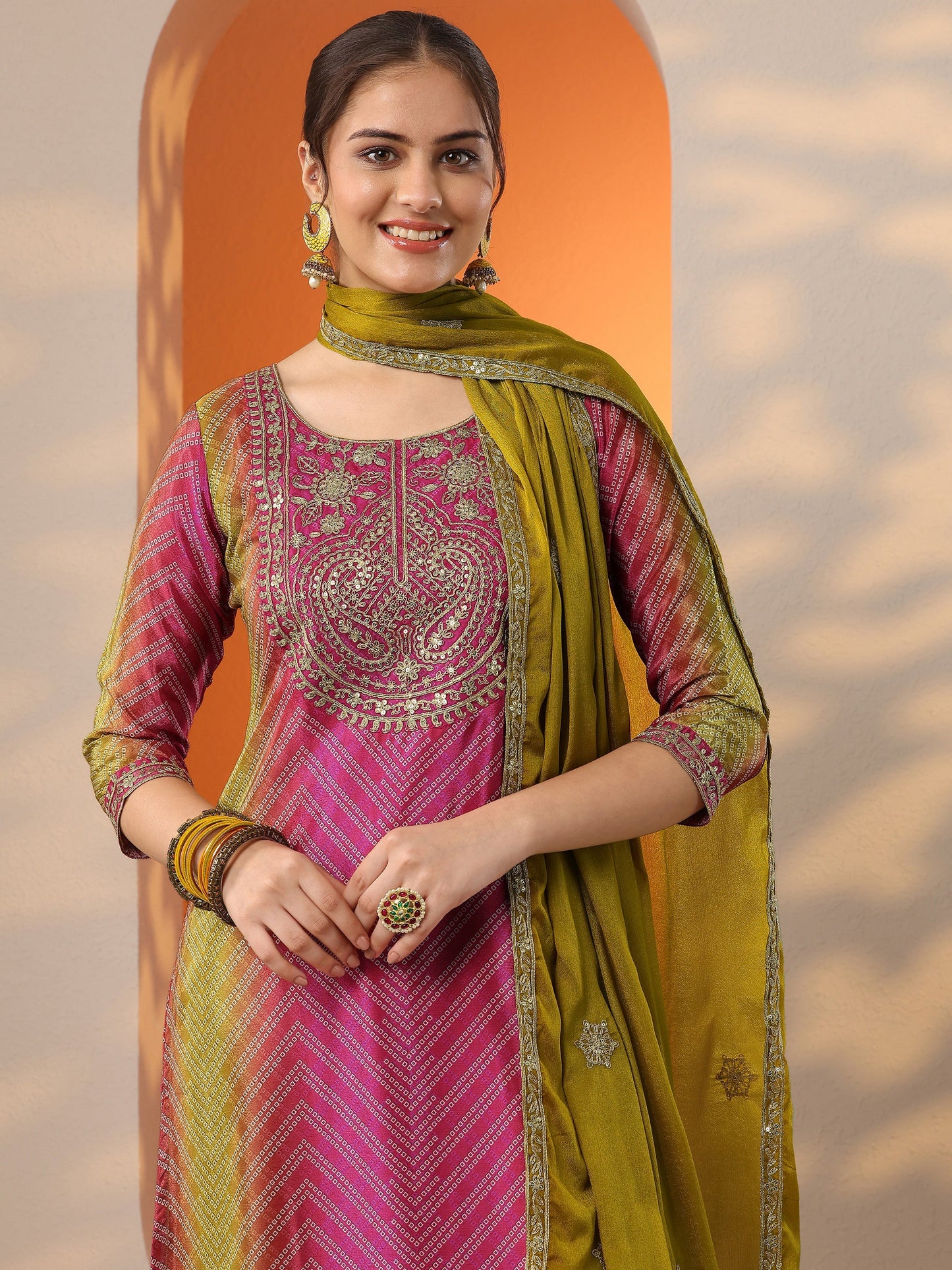 Pink Printed Chinon Straight Suit Set With Dupatta