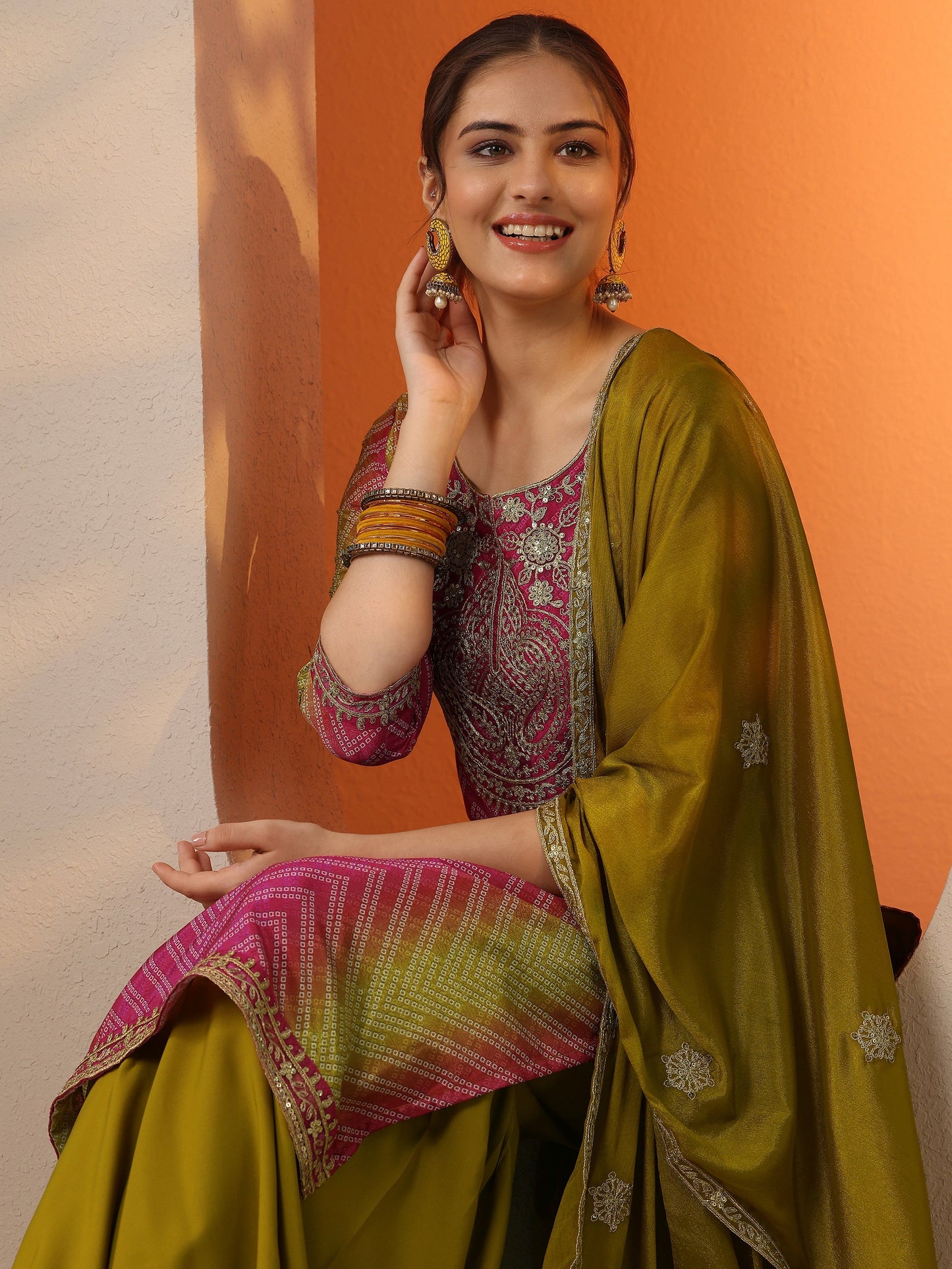 Pink Printed Chinon Straight Suit Set With Dupatta