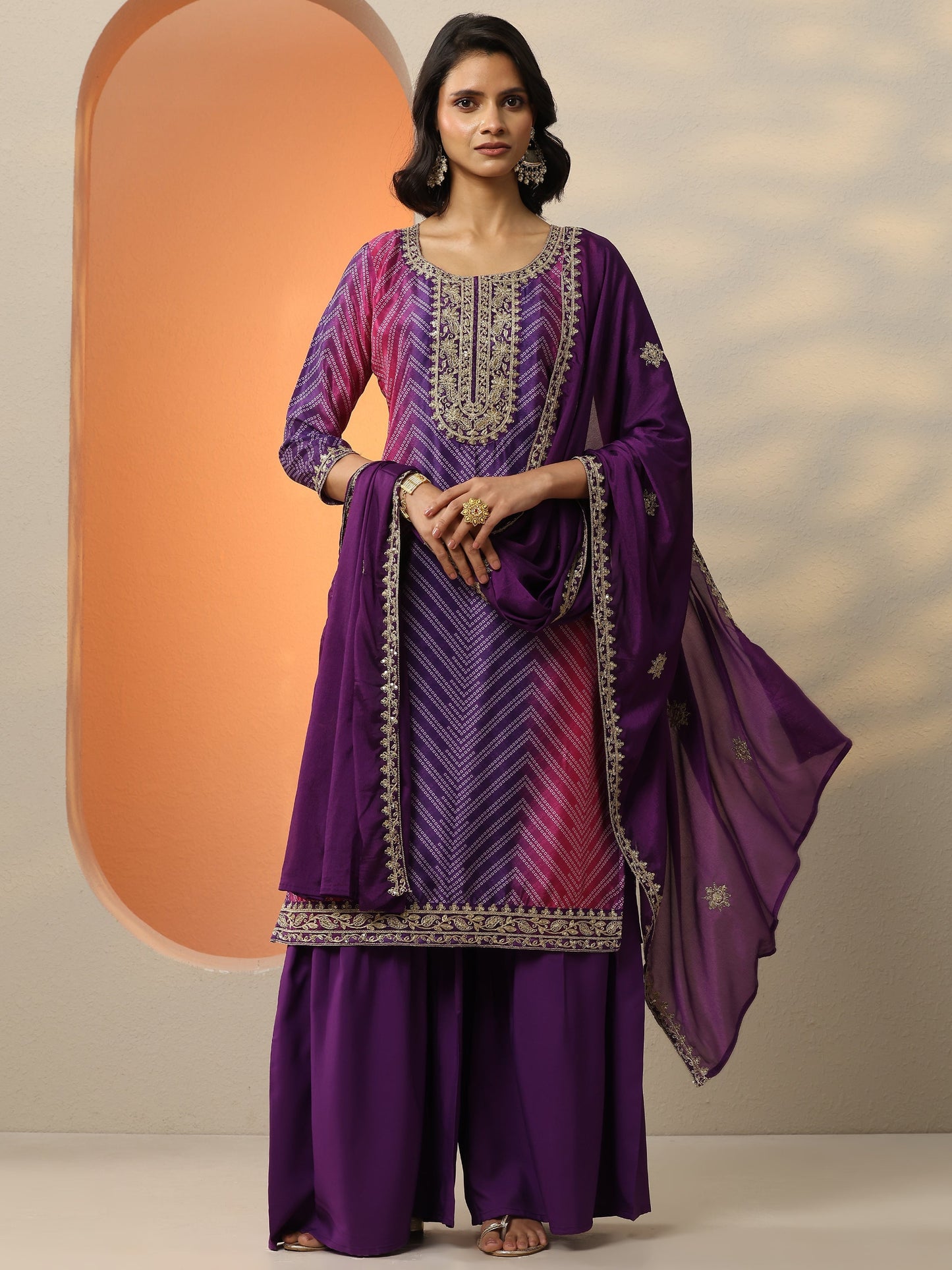 Purple Printed Chinon  Straight Suit Set With Dupatta