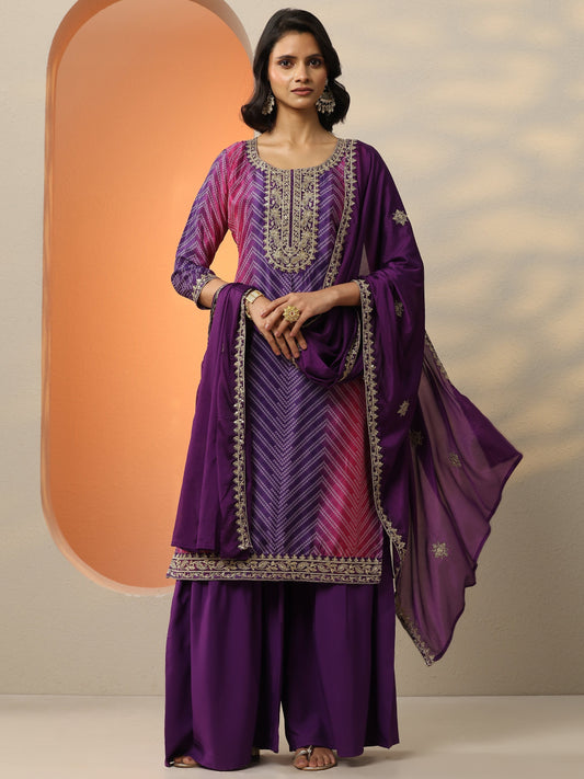 Purple Printed Chinon  Straight Suit Set With Dupatta