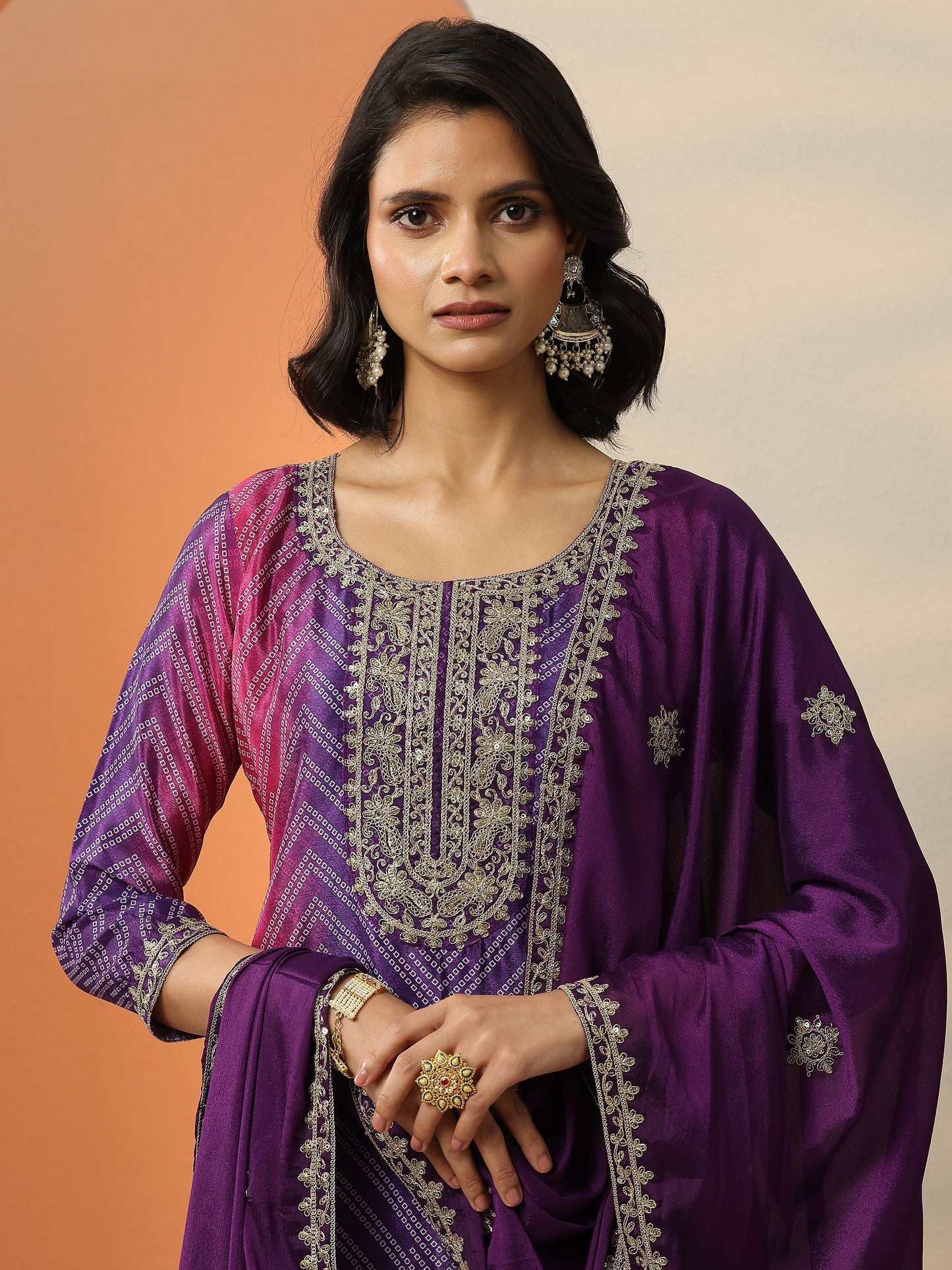 Purple Printed Chinon  Straight Suit Set With Dupatta