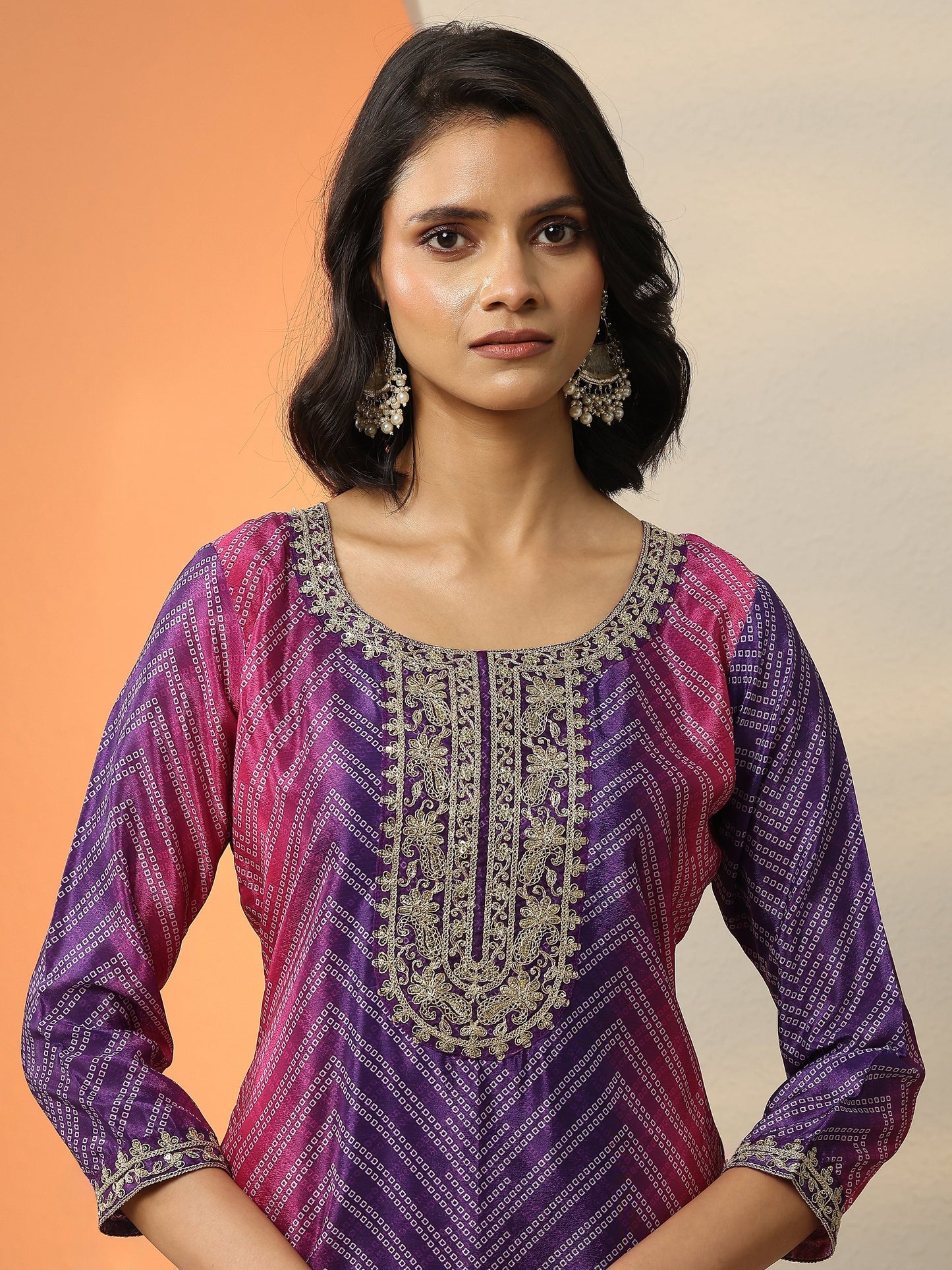 Purple Printed Chinon  Straight Suit Set With Dupatta