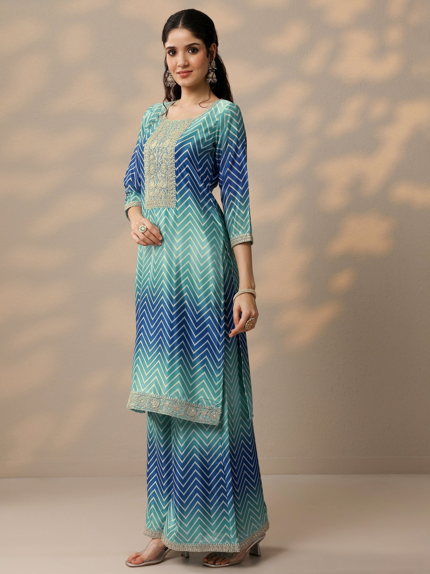 Blue Printed Chinon Straight Suit Set With Dupatta