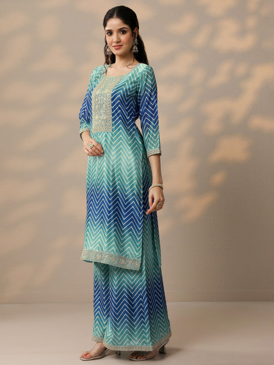 Blue Printed Chinon Straight Suit Set With Dupatta