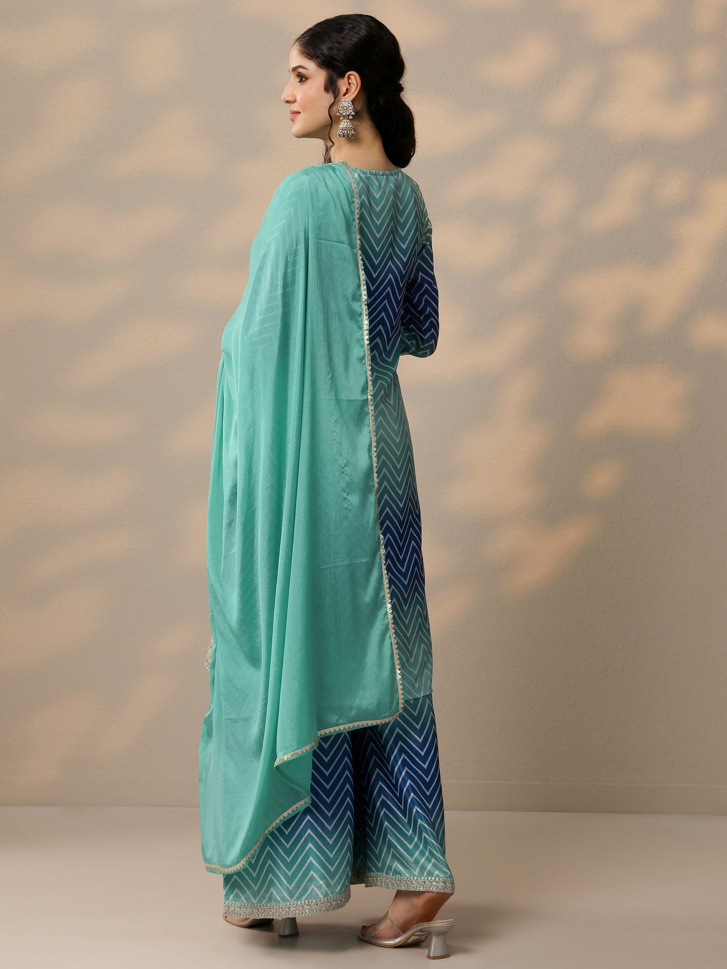 Blue Printed Chinon Straight Suit Set With Dupatta